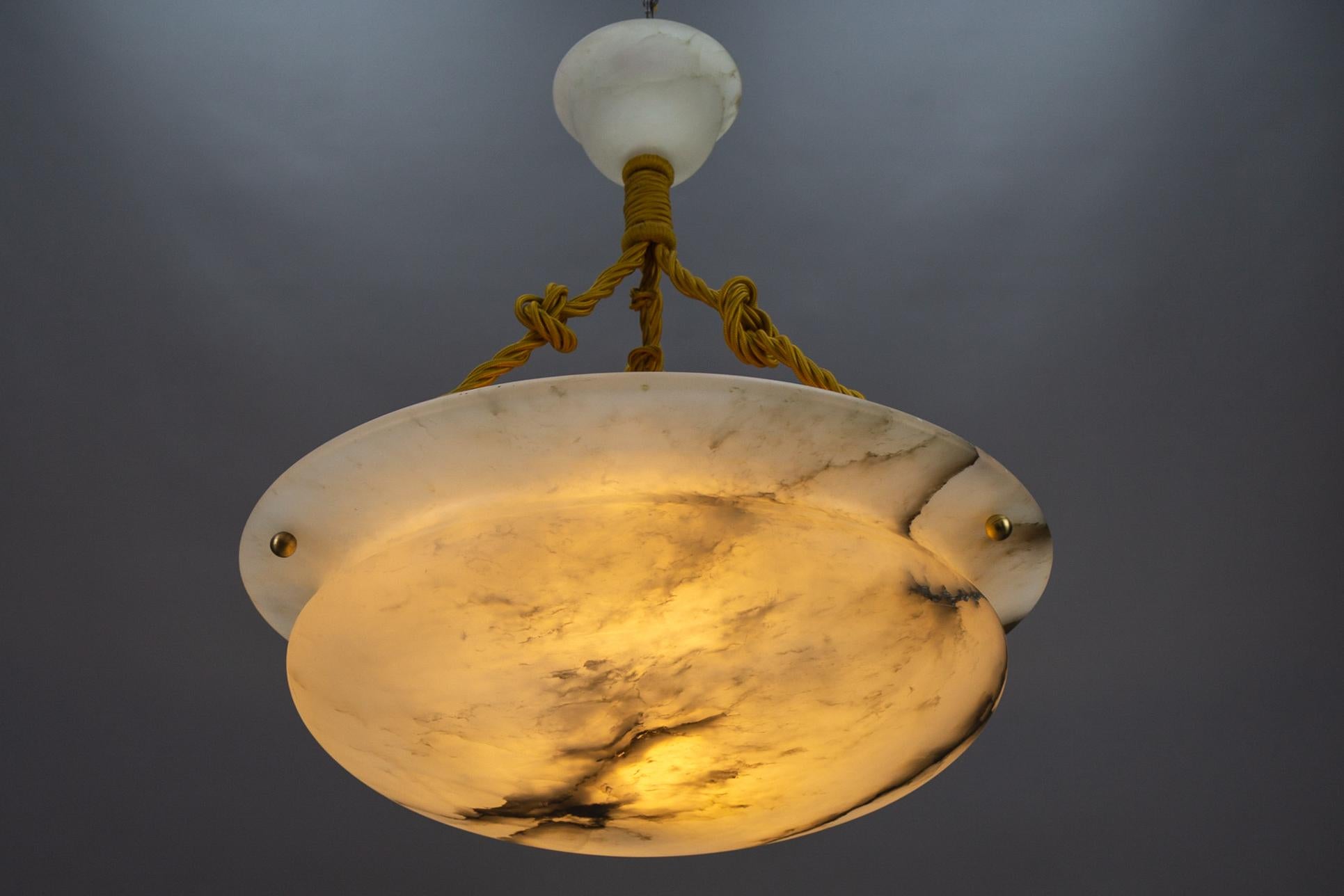 French Art Deco White and Black Veined Alabaster Pendant Light, ca 1920 2