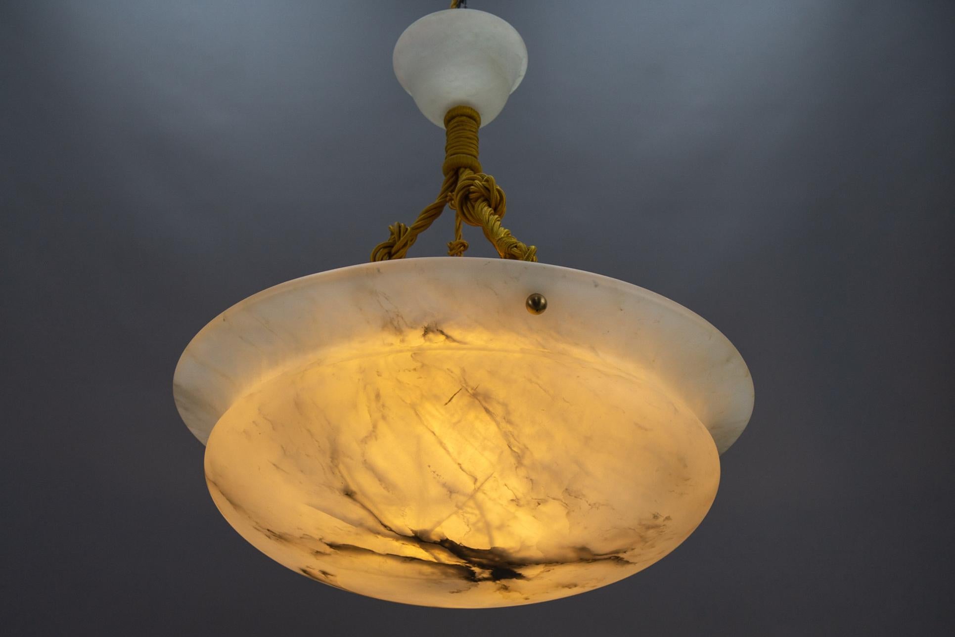 French Art Deco White and Black Veined Alabaster Pendant Light, ca 1920 3