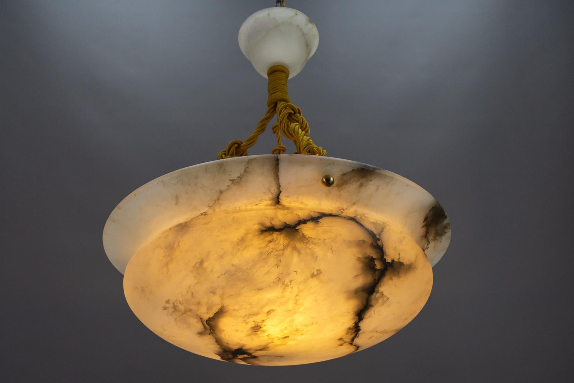 French Art Deco White and Black Veined Alabaster Pendant Light, ca 1920 4