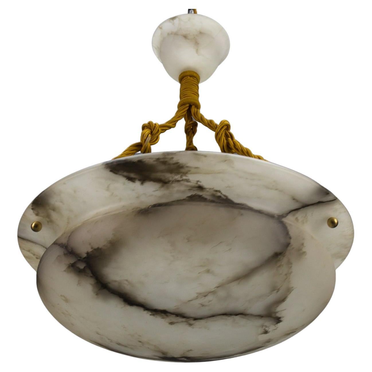 French Art Deco White and Black Veined Alabaster Pendant Light, ca 1920