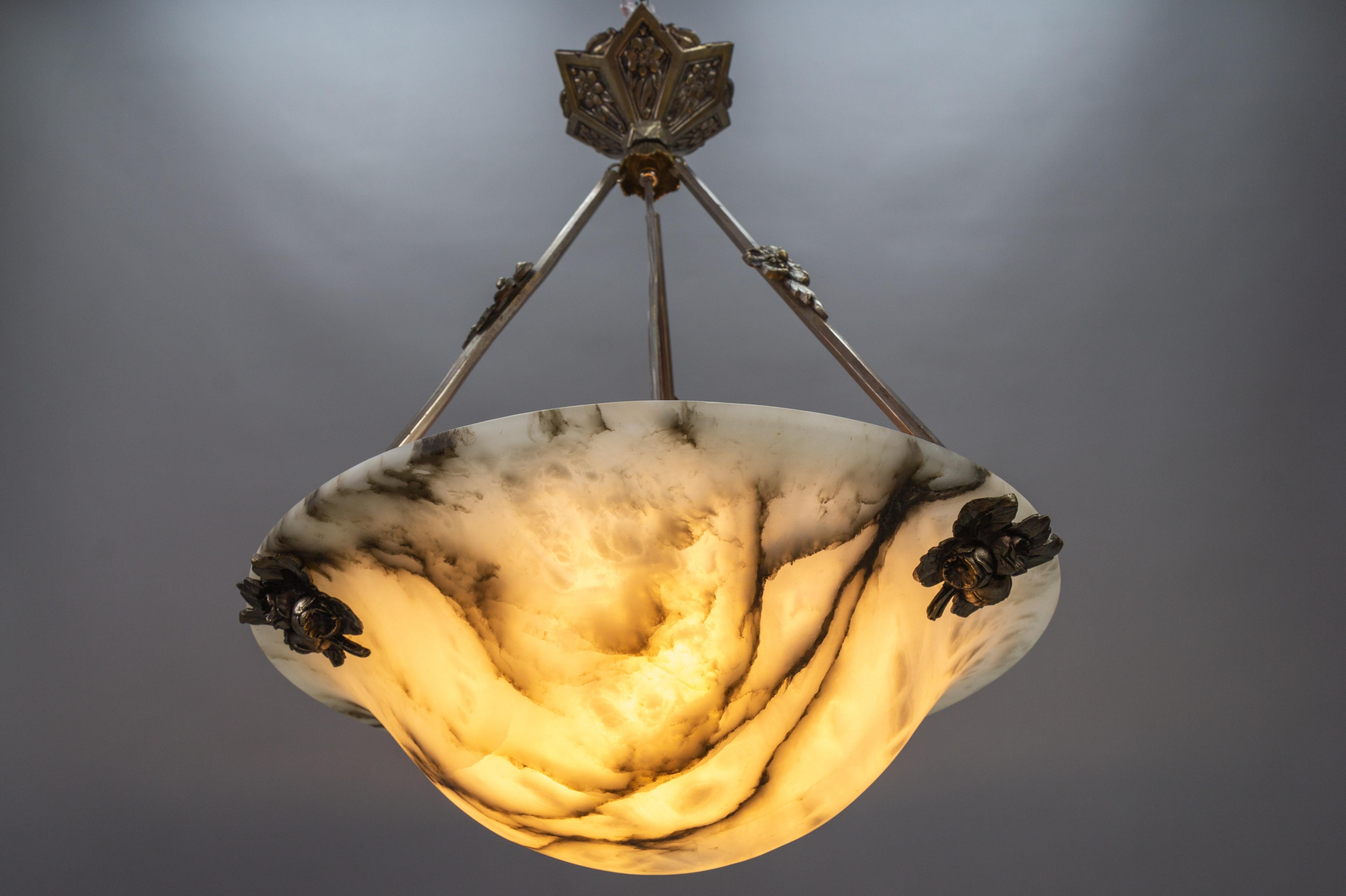 French Art Deco White and Black Veined Alabaster Pendant Light Fixture, ca. 1920 For Sale 2