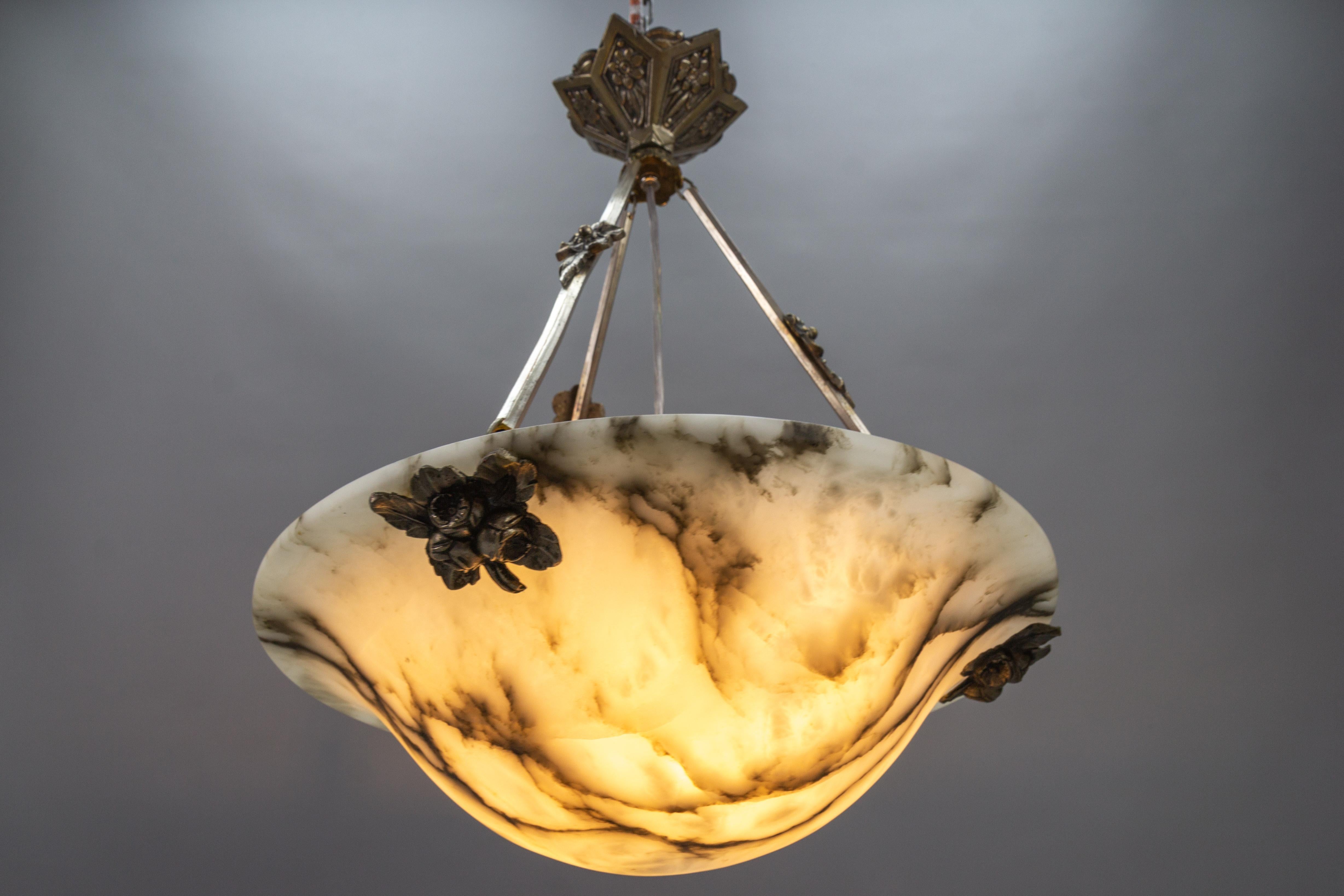 French Art Deco White and Black Veined Alabaster Pendant Light Fixture, ca. 1920 For Sale 3