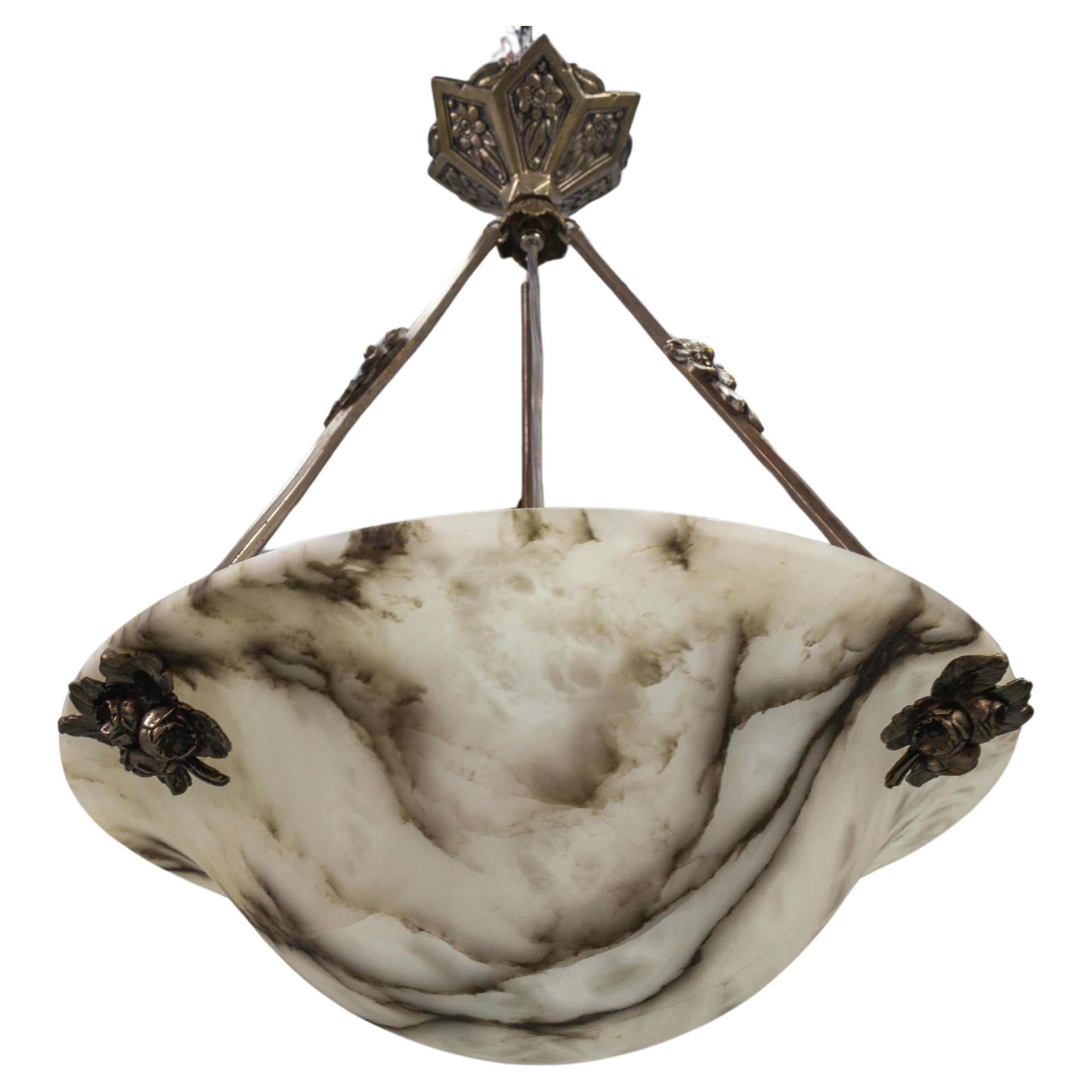 French Art Deco White and Black Veined Alabaster Pendant Light Fixture, ca. 1920