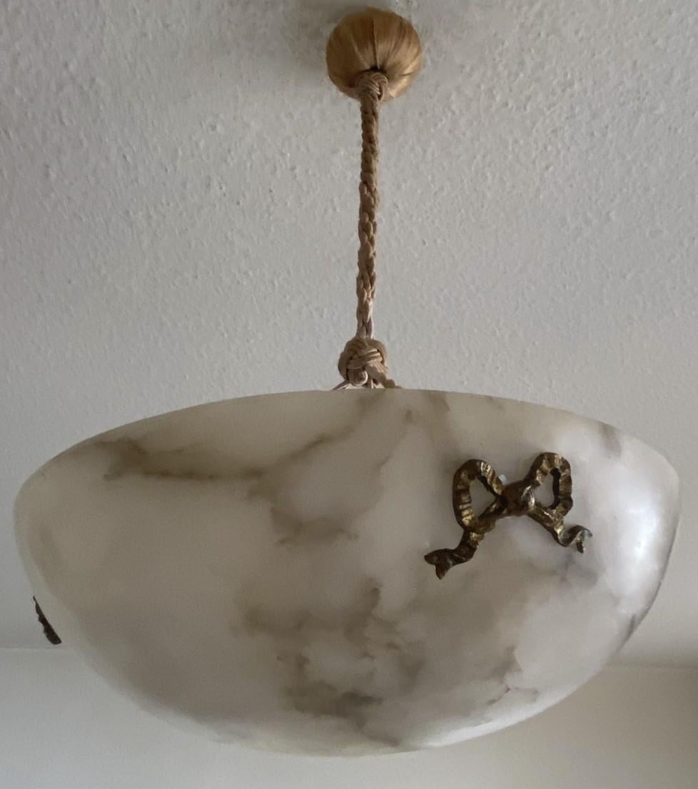 French Art Deco White Black Veining Alabaster Pendant Chandelier, 1930s For Sale 5