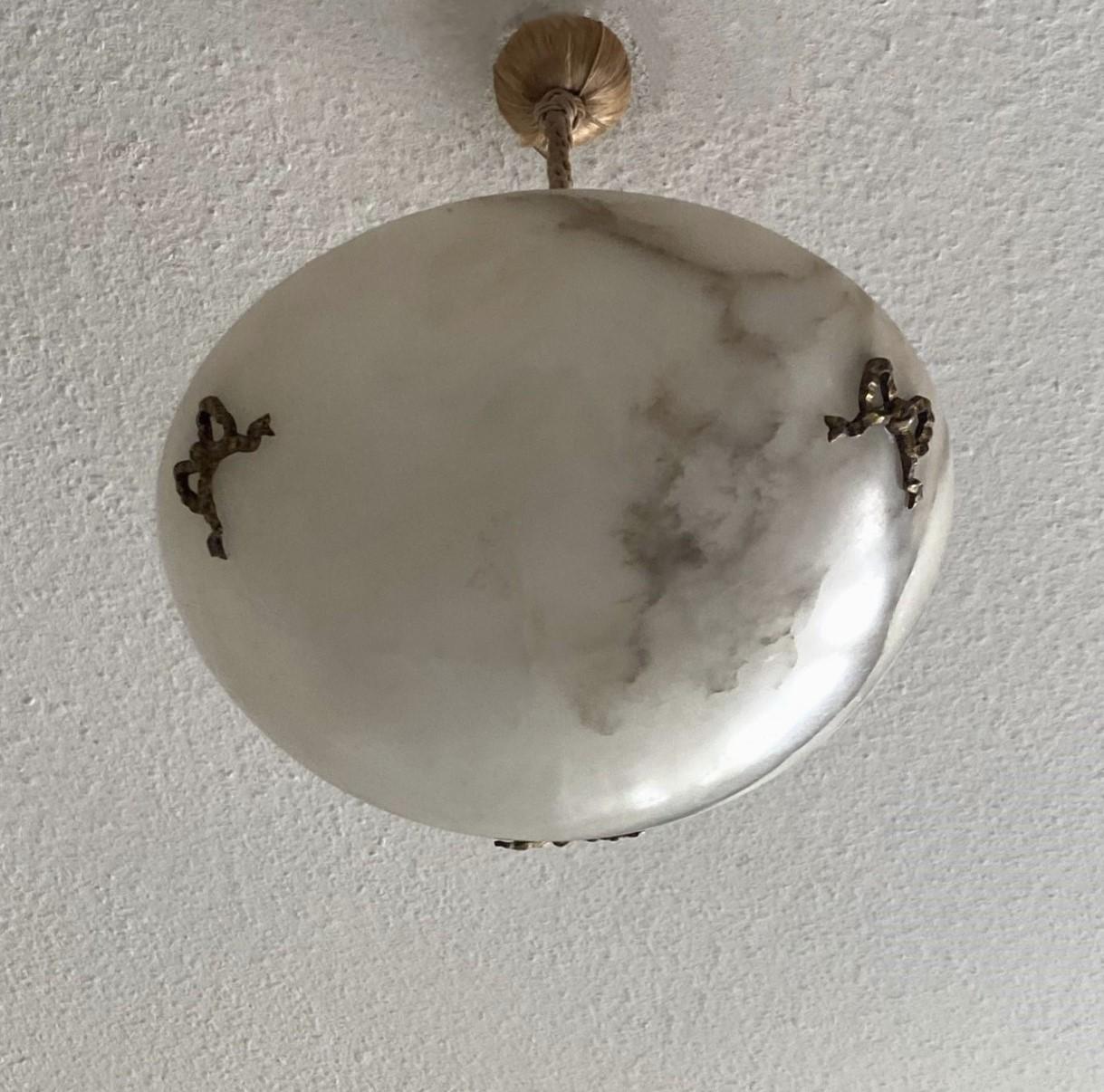 French Art Deco White Black Veining Alabaster Pendant Chandelier, 1930s For Sale 6