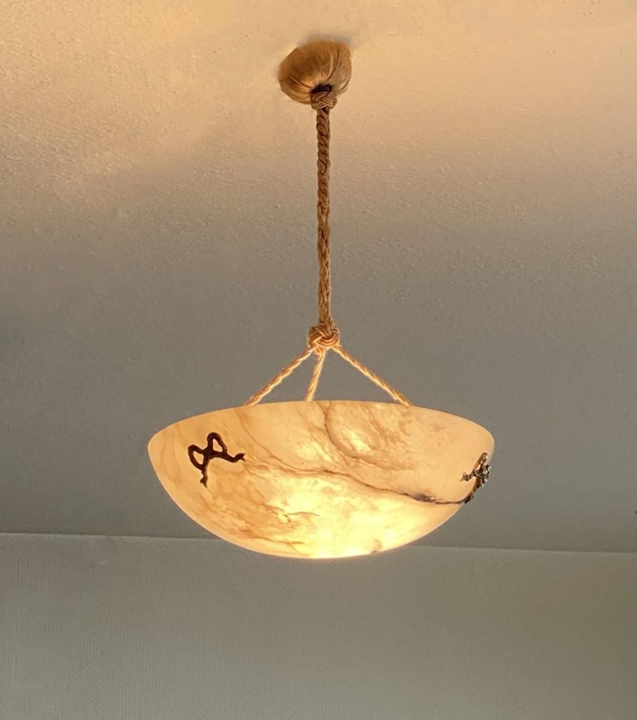 French Art Deco White Black Veining Alabaster Pendant Chandelier, 1930s For Sale 8