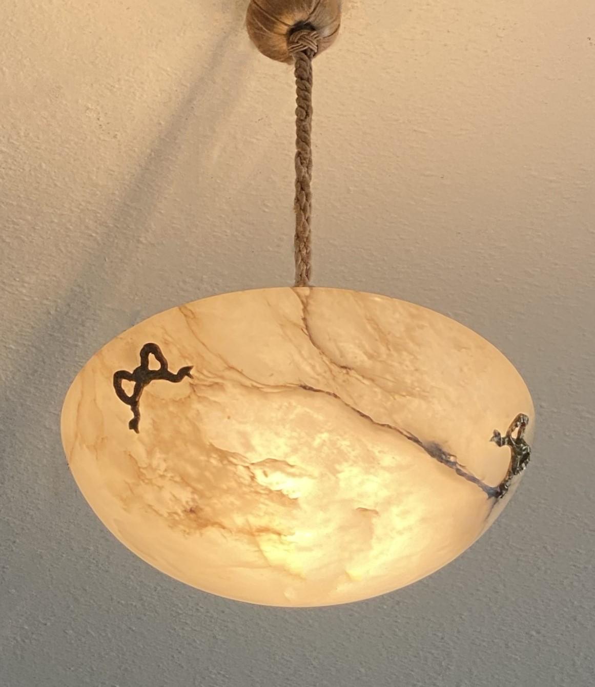 French Art Deco White Black Veining Alabaster Pendant Chandelier, 1930s For Sale 9