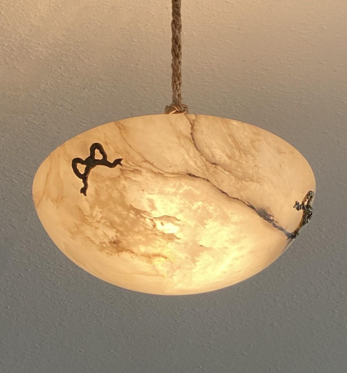 French Art Deco White Black Veining Alabaster Pendant Chandelier, 1930s For Sale 10