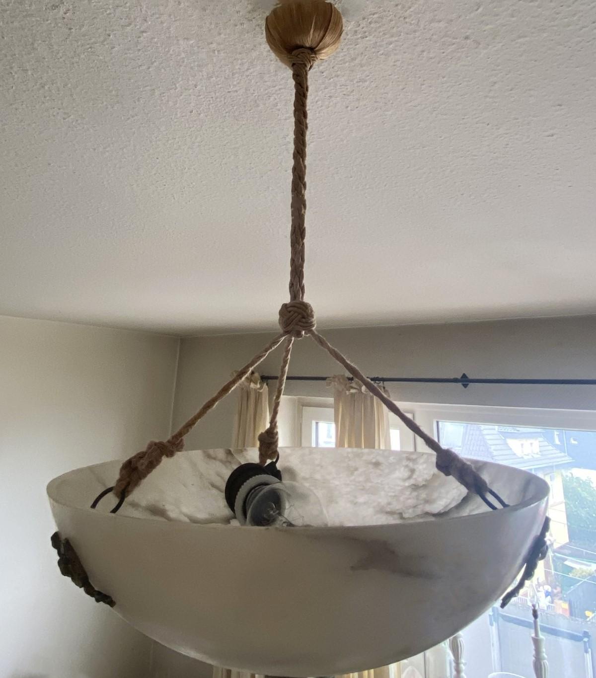 French Art Deco White Black Veining Alabaster Pendant Chandelier, 1930s For Sale 11