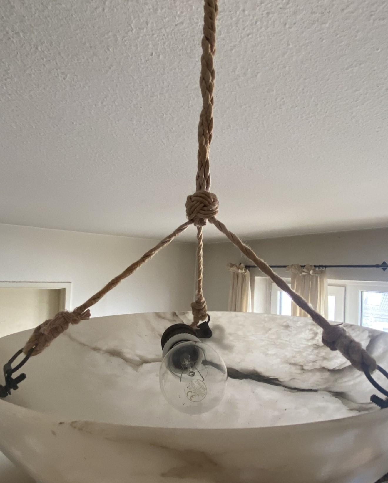 French Art Deco White Black Veining Alabaster Pendant Chandelier, 1930s For Sale 12