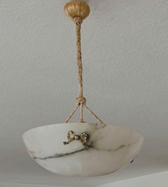 French Art Deco White Black Veining Alabaster Pendant Chandelier, 1930s