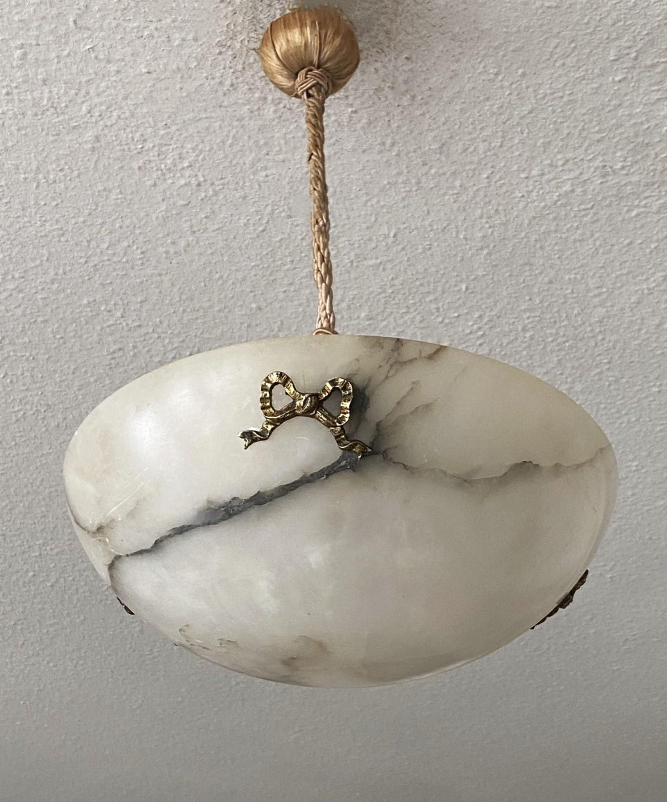 20th Century French Art Deco White Black Veining Alabaster Pendant Chandelier, 1930s For Sale