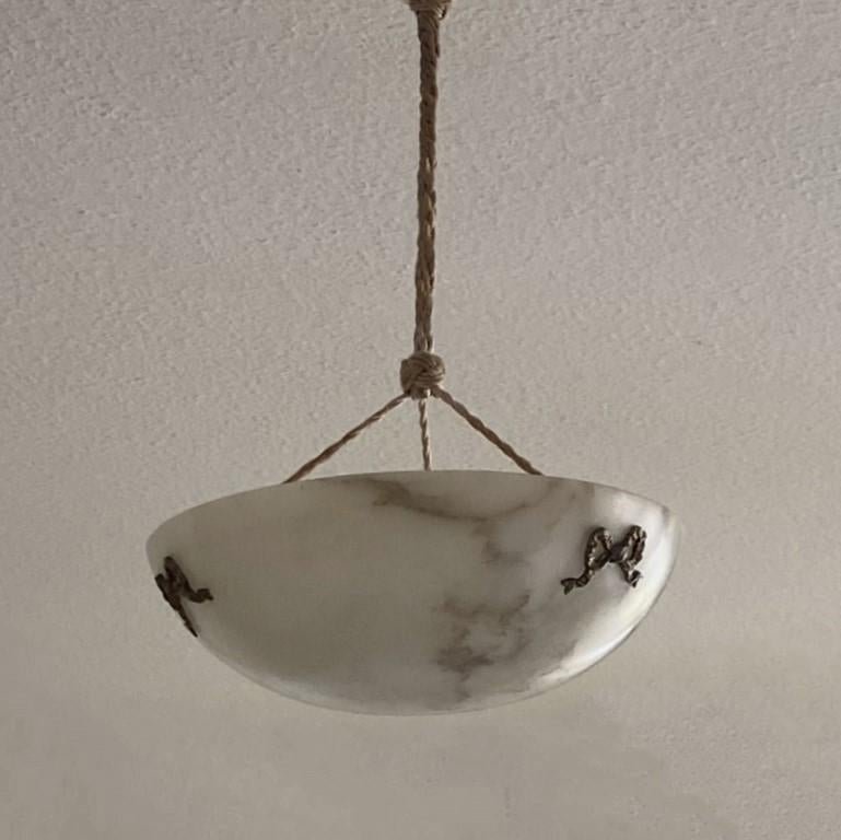 French Art Deco White Black Veining Alabaster Pendant Chandelier, 1930s For Sale 4