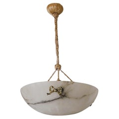French Art Deco White Black Veining Alabaster Pendant Chandelier, 1930s