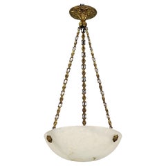 French Art Deco White Cloudy Alabaster and Brass Pendant Light Fixture, 1920s