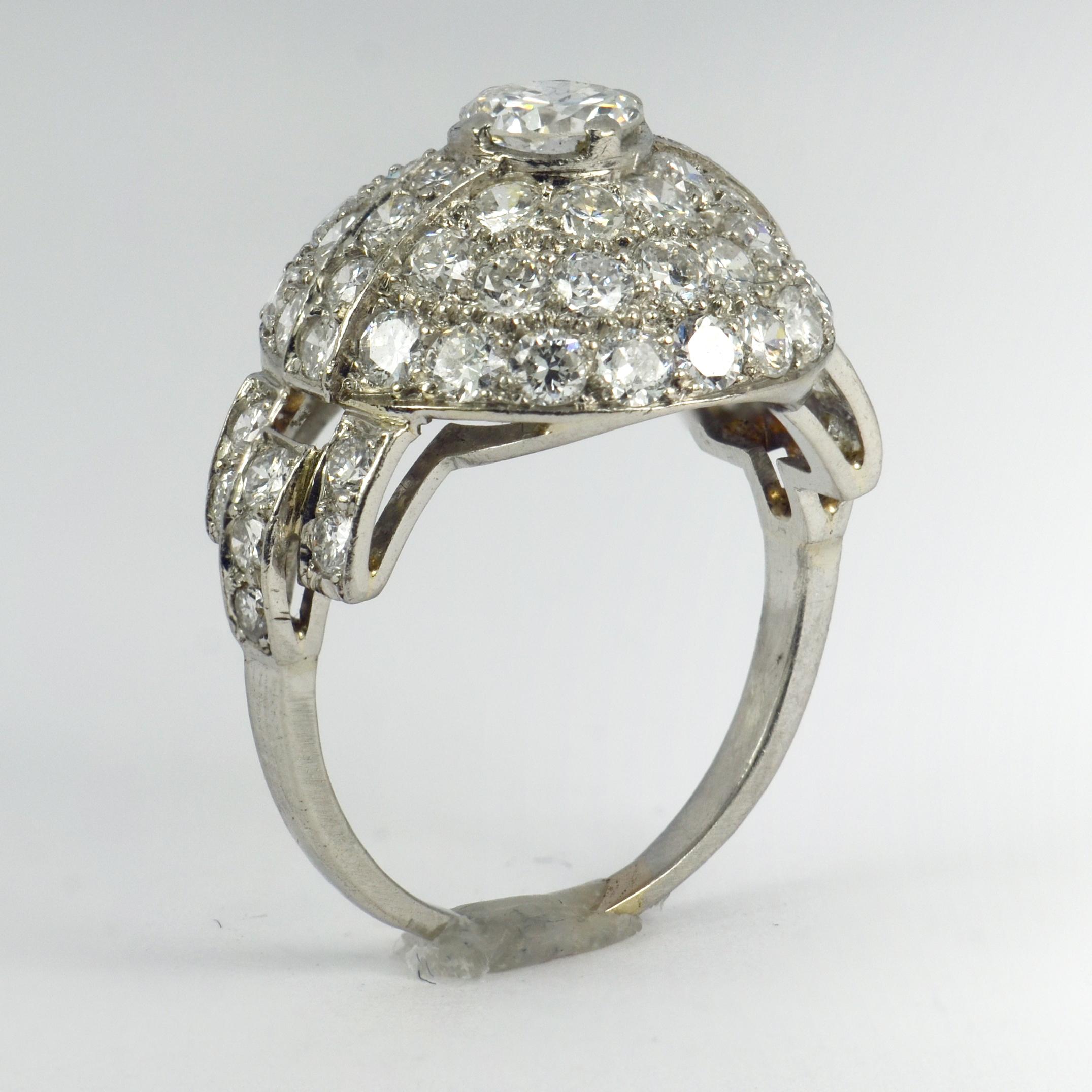 French Art Deco White Diamond Platinum Target Dome Ring 1