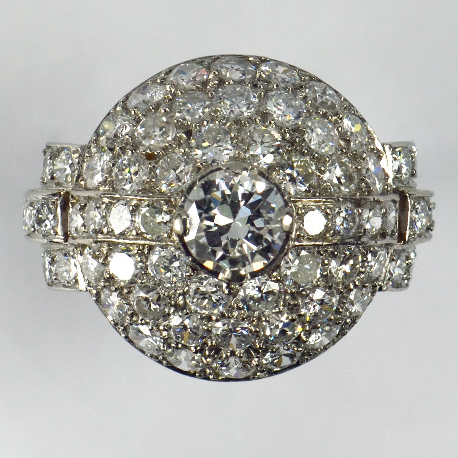French Art Deco White Diamond Platinum Target Dome Ring 4