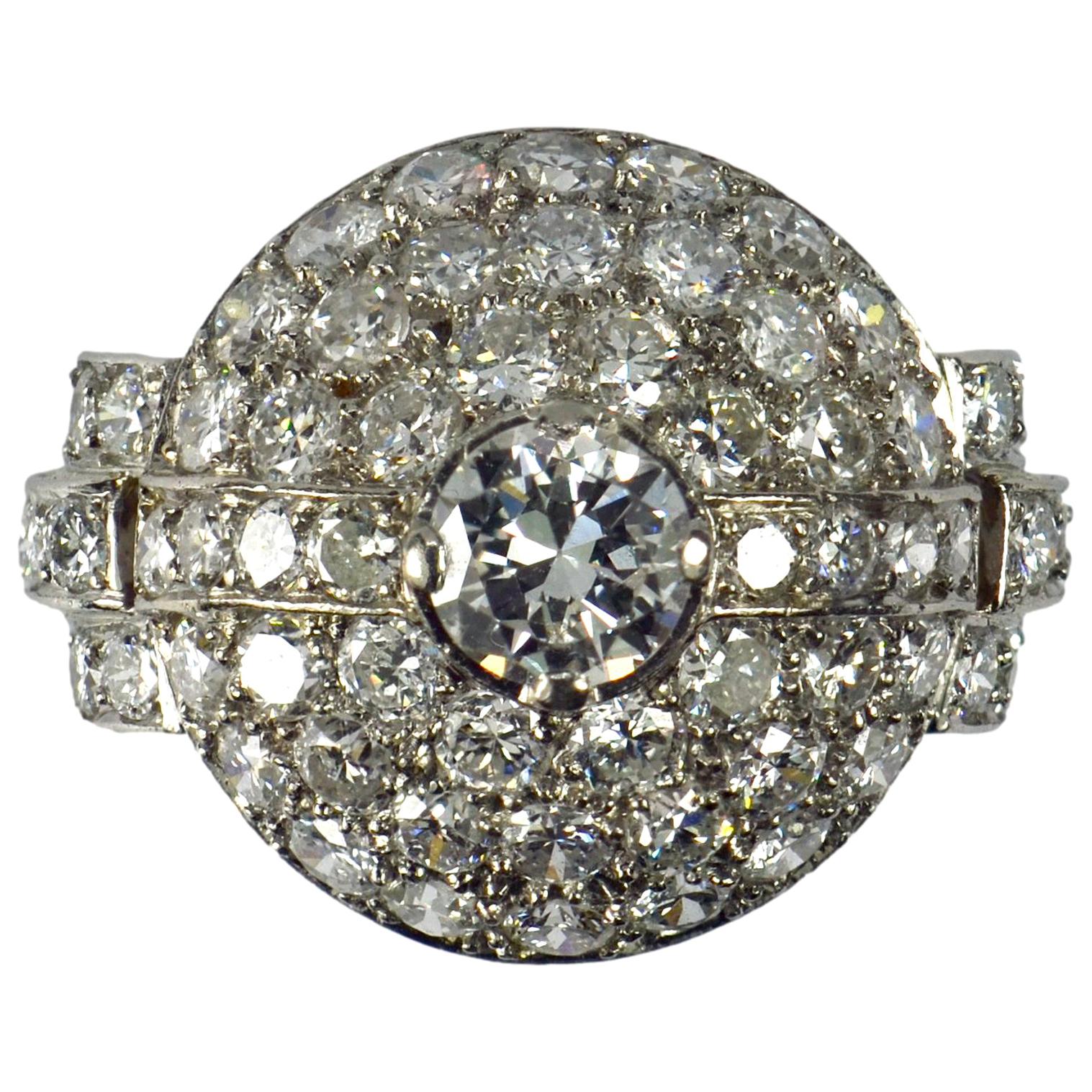 French Art Deco White Diamond Platinum Target Dome Ring For Sale