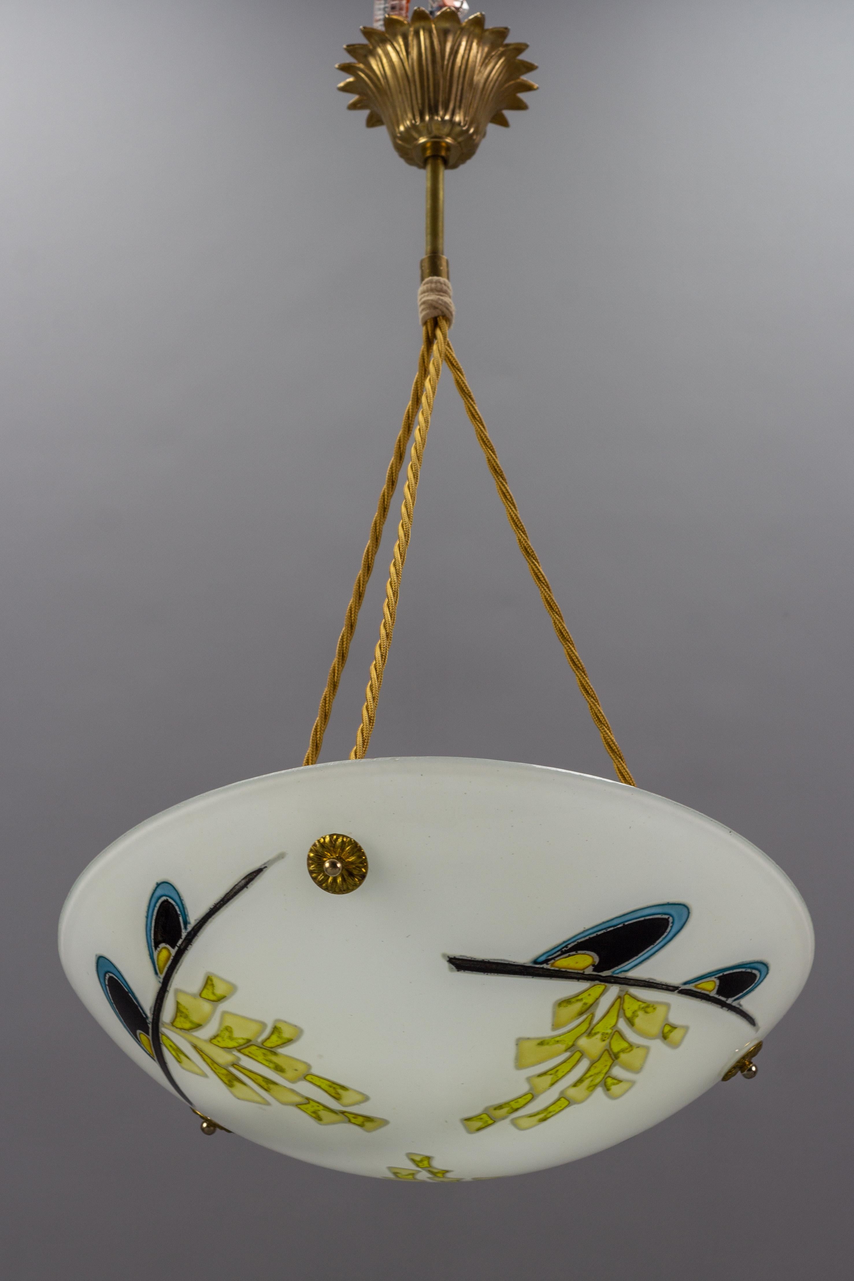 French Art Deco White Enamelled Glass Pendant Chandelier, 1930s 13