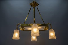 French Art Deco White Frosted Glass and Brass Chandelier with Birds, ca. 1920