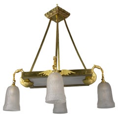 French Art Deco White Frosted Glass and Brass Chandelier with Birds, ca. 1920
