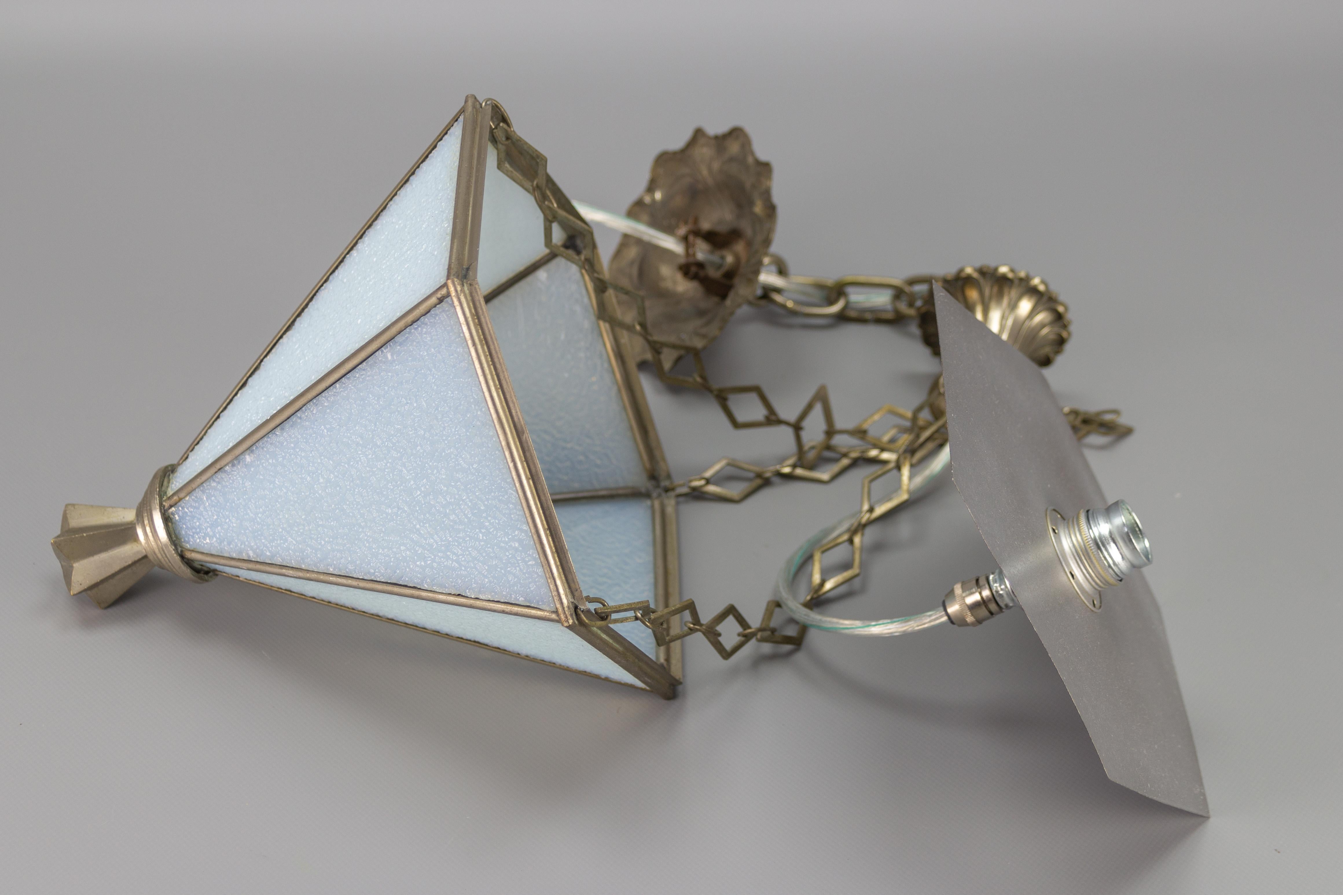 French Art Deco White Frosted Glass and Brass Pendant Light, 1930s 5