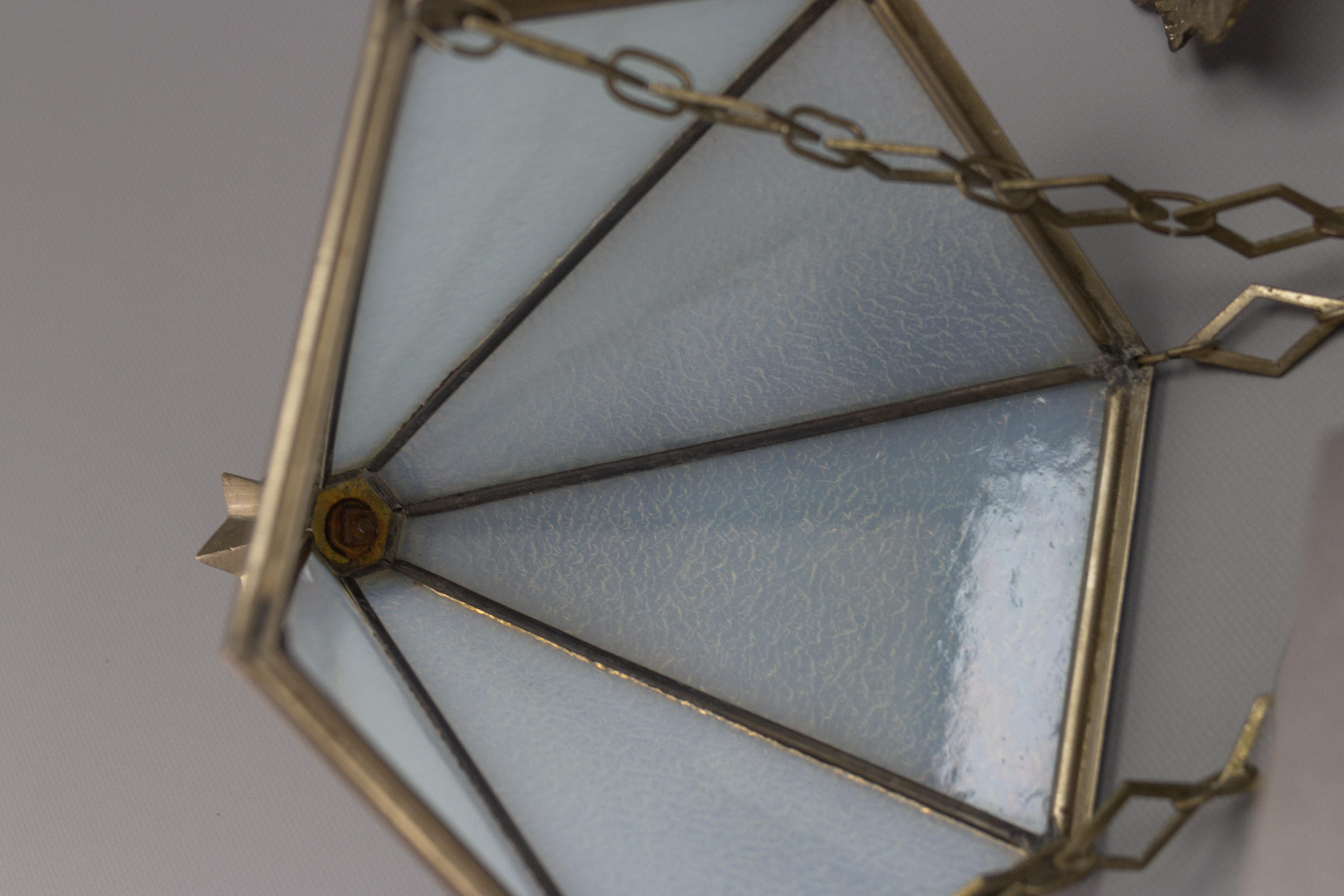 French Art Deco White Frosted Glass and Brass Pendant Light, 1930s 7