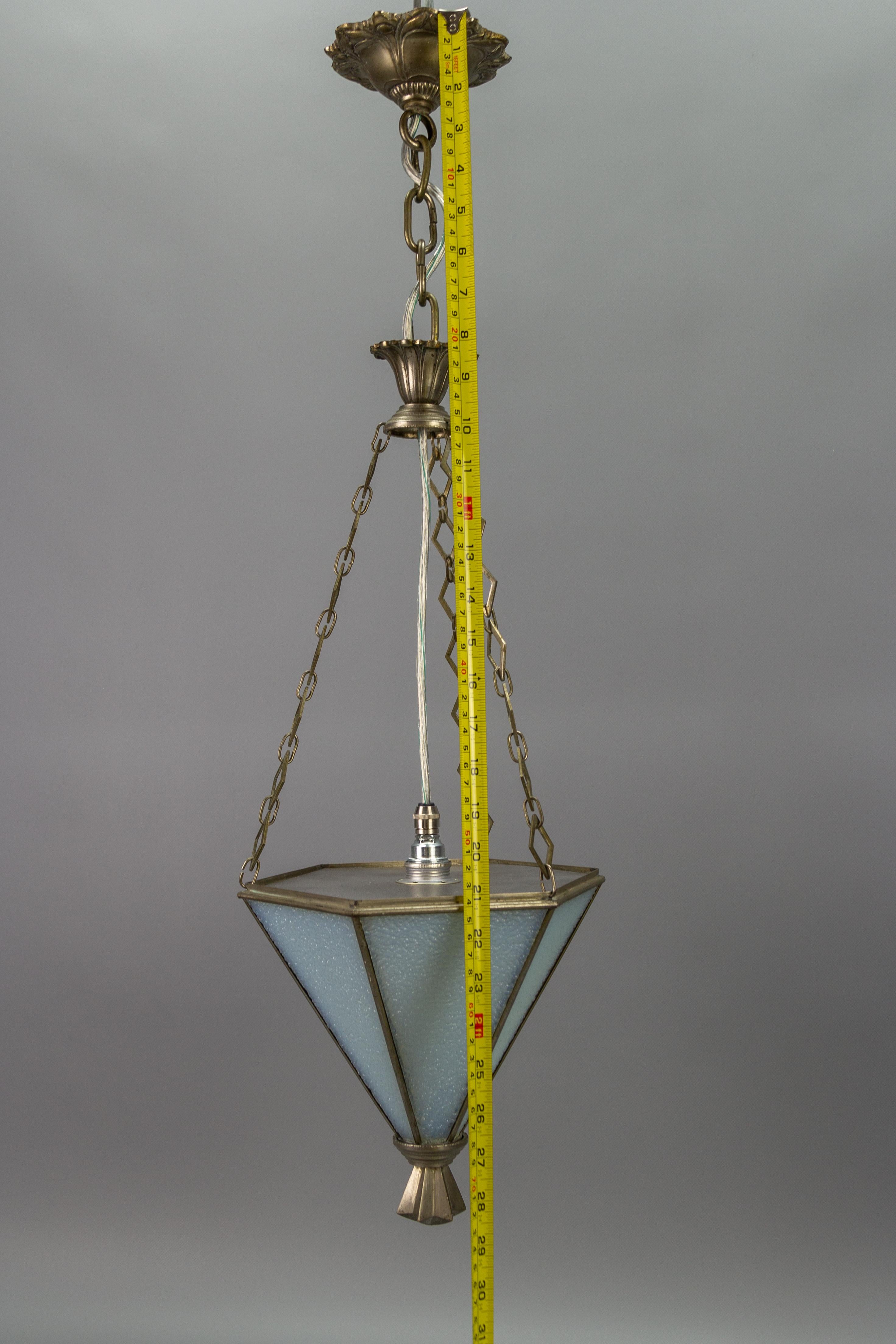 French Art Deco White Frosted Glass and Brass Pendant Light, 1930s 10