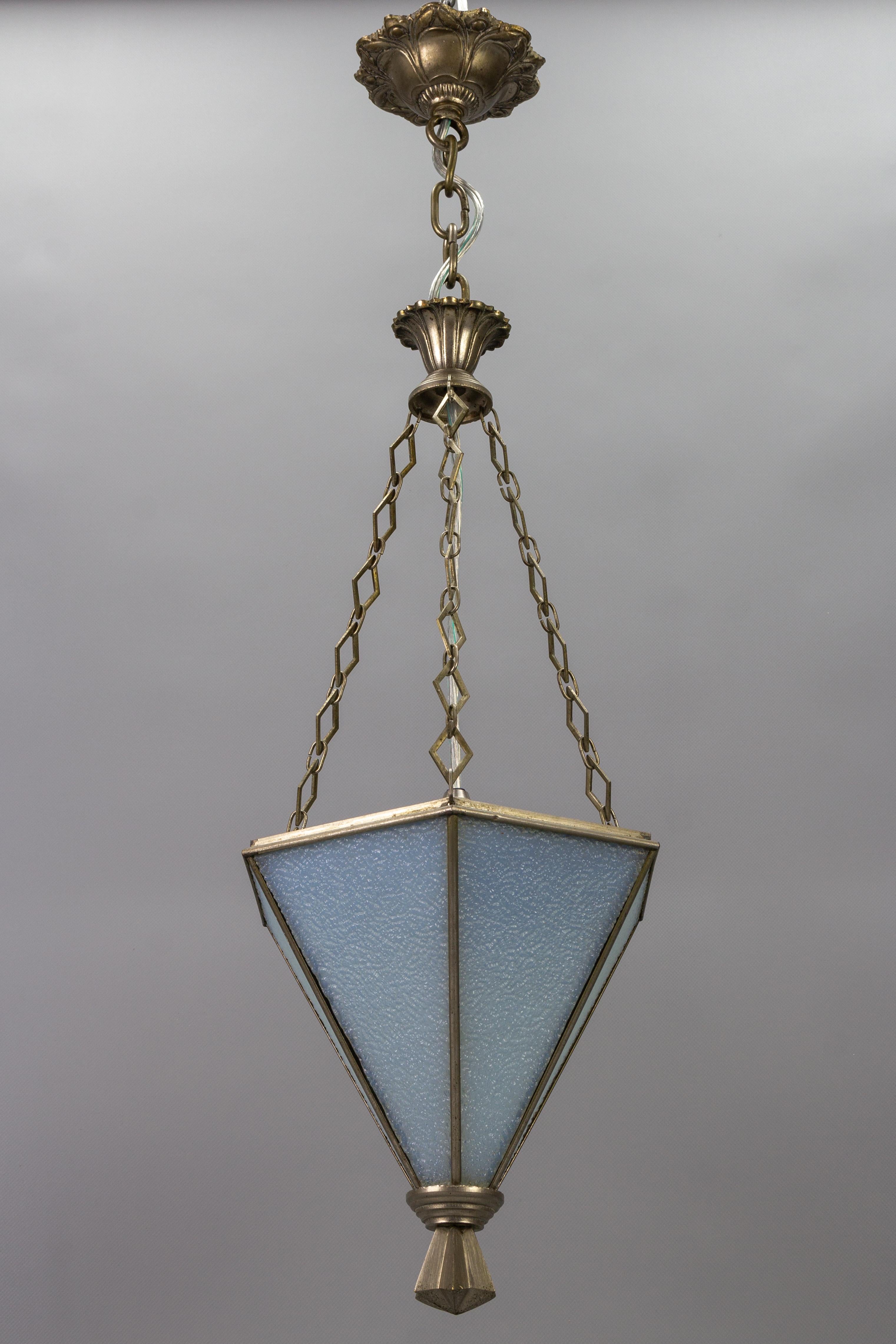 French Art Deco White Frosted Glass and Brass Pendant Light, 1930s 11