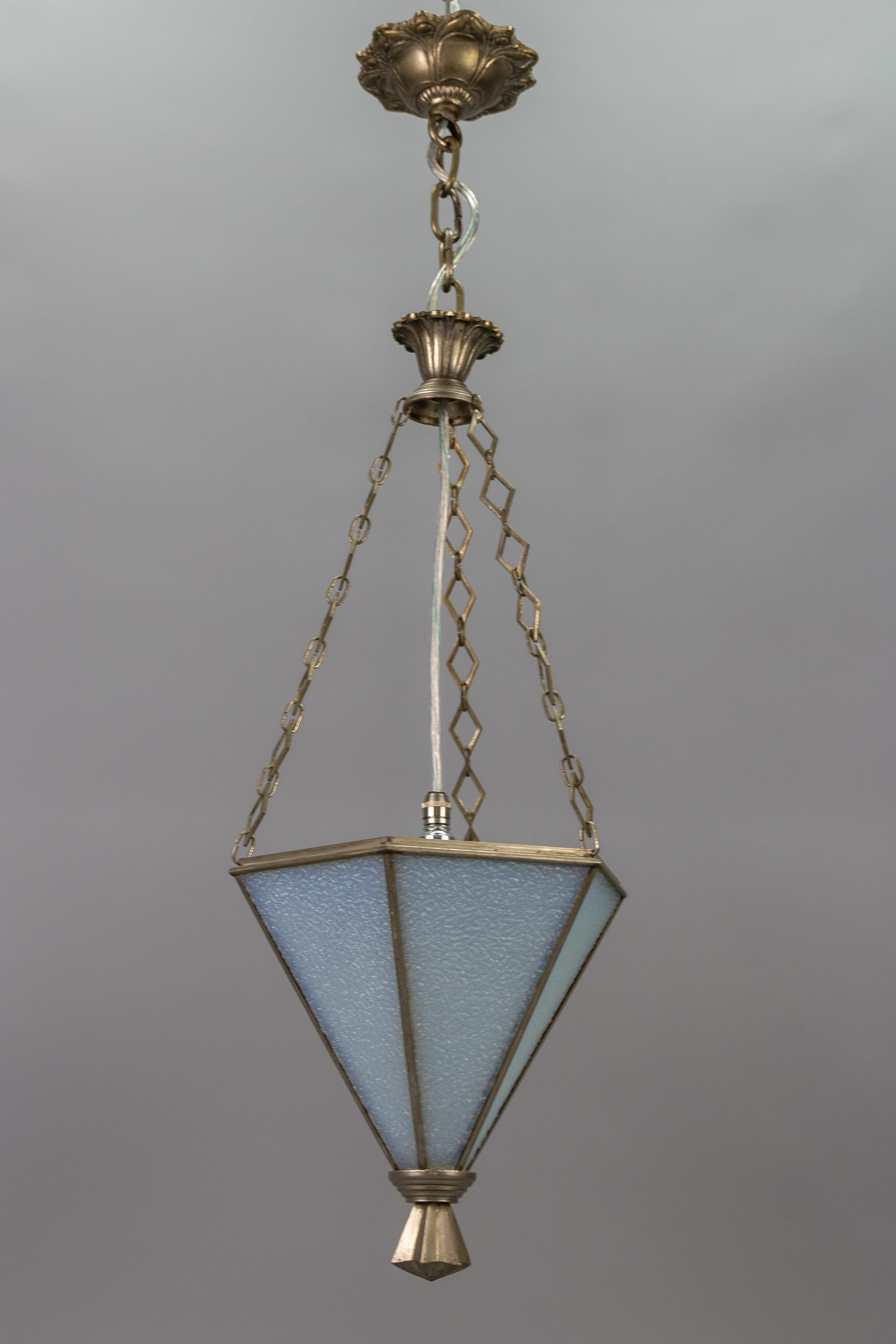 Mid-20th Century French Art Deco White Frosted Glass and Brass Pendant Light, 1930s