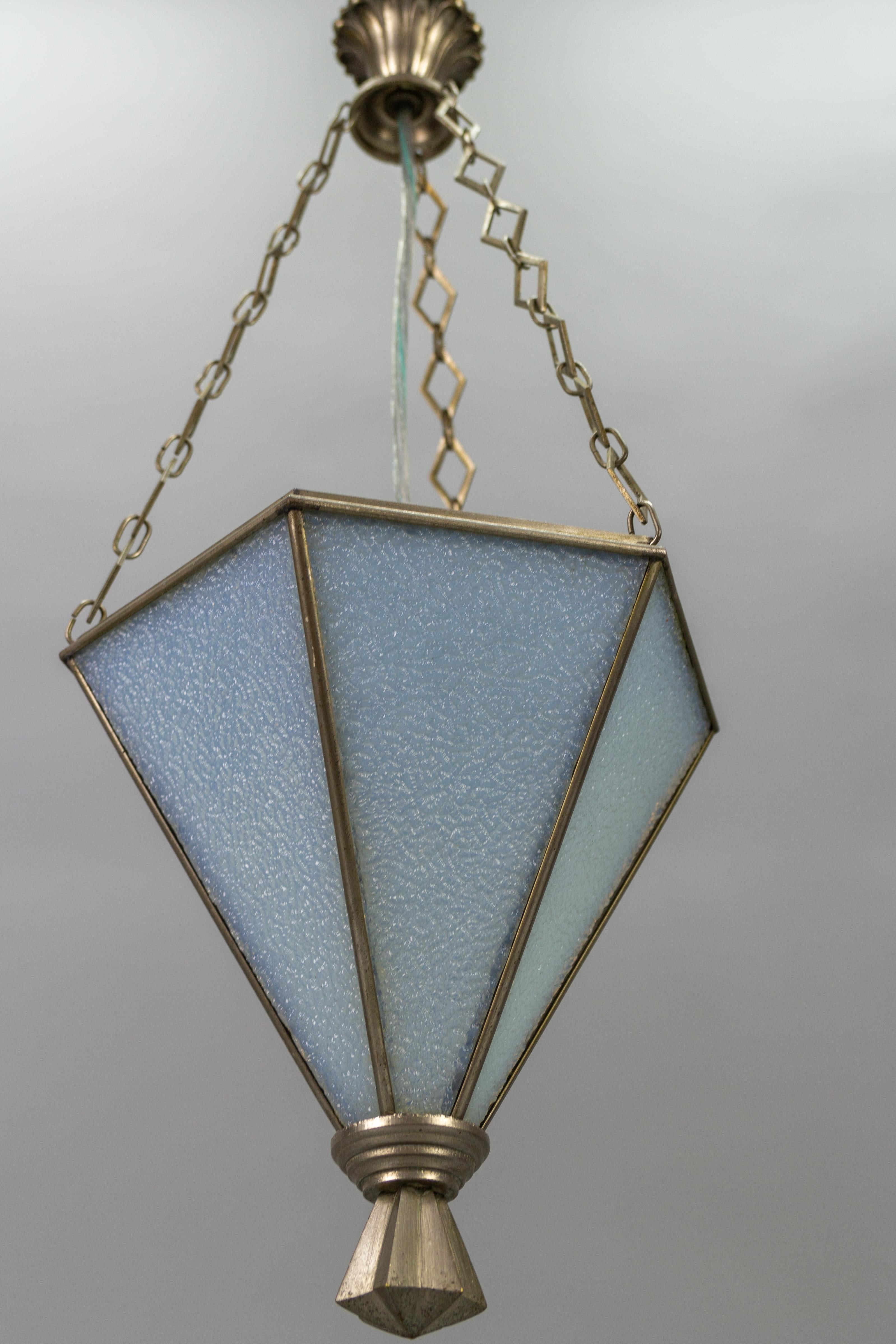 Metal French Art Deco White Frosted Glass and Brass Pendant Light, 1930s
