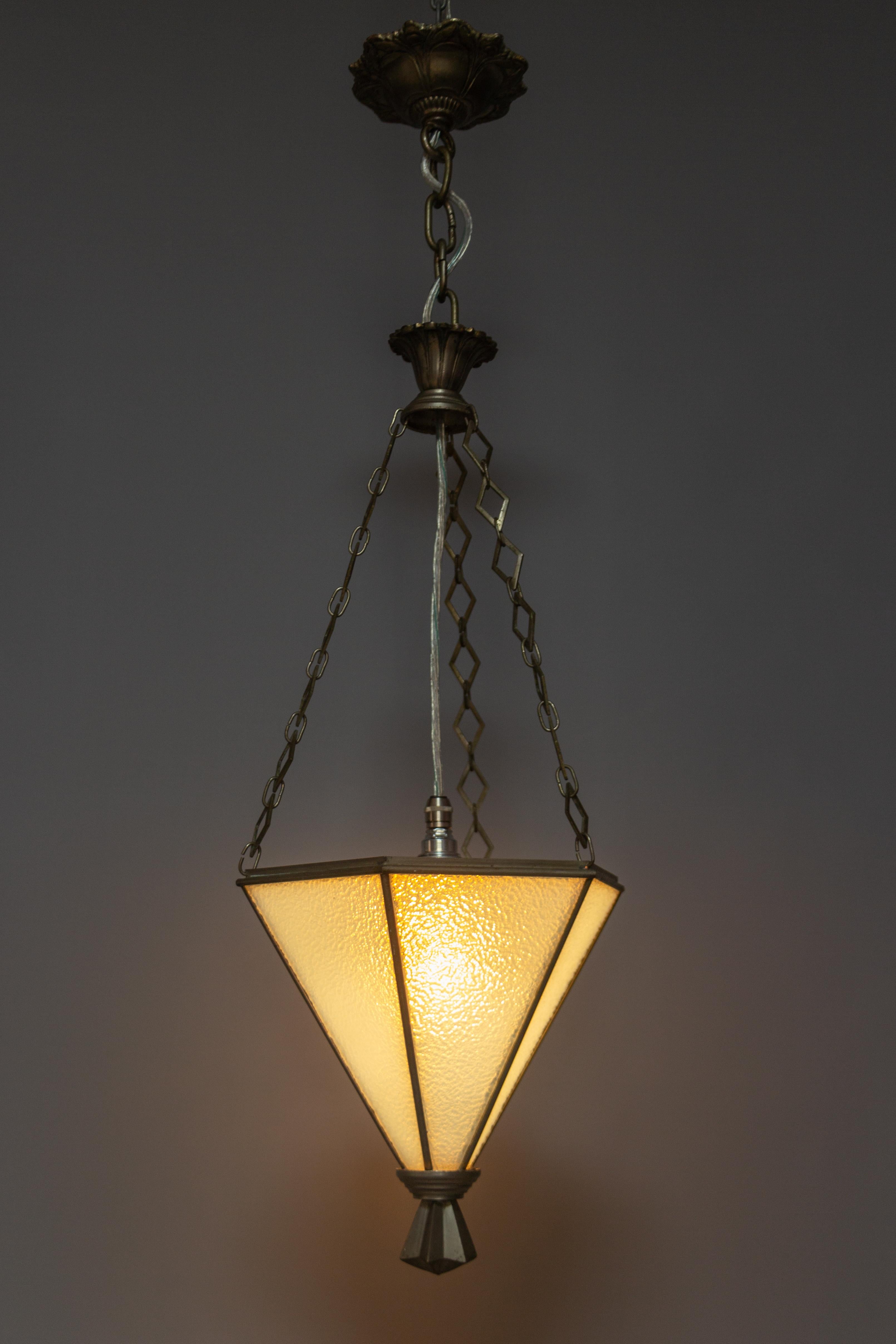 French Art Deco White Frosted Glass and Brass Pendant Light, 1930s 1