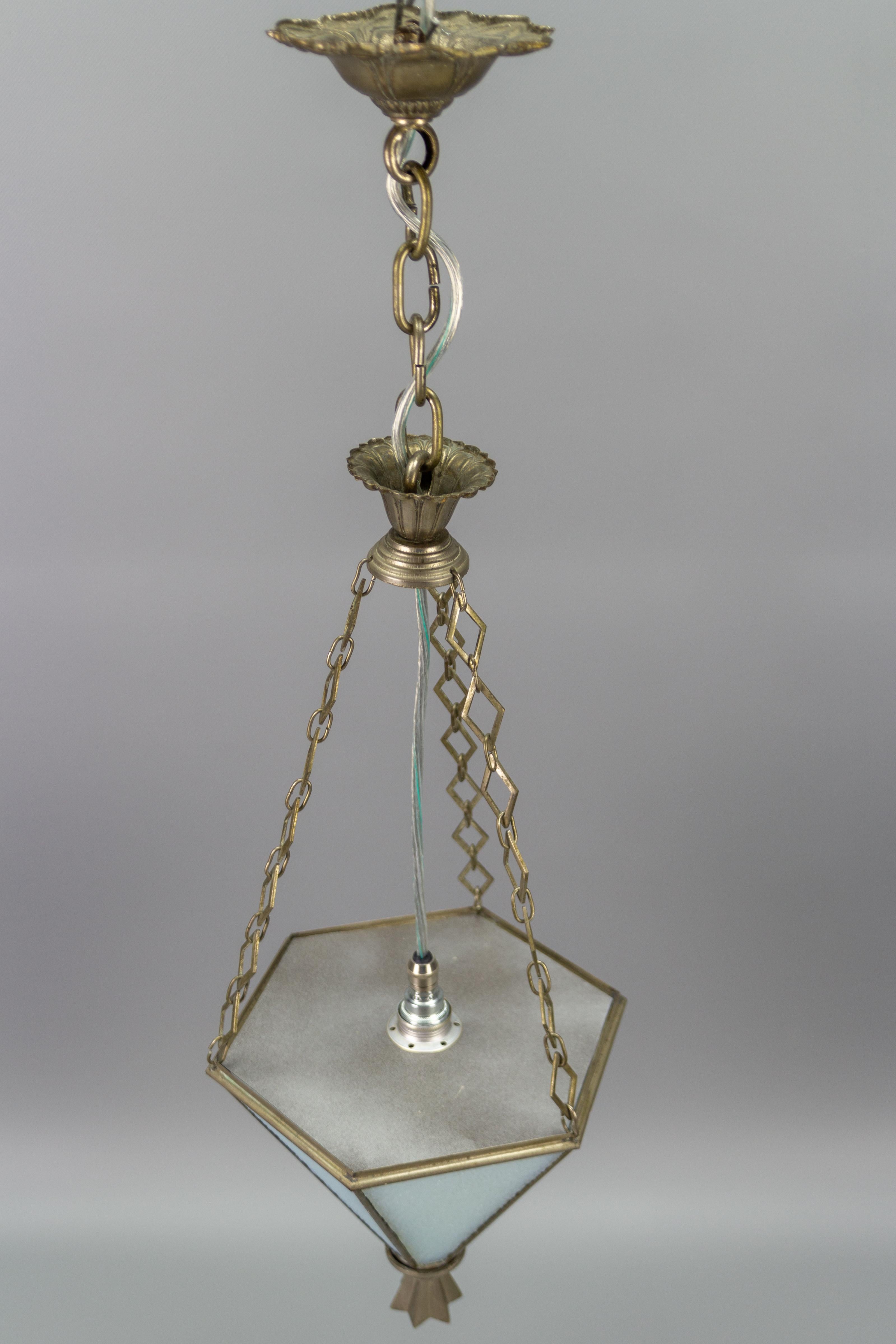 French Art Deco White Frosted Glass and Brass Pendant Light, 1930s 3
