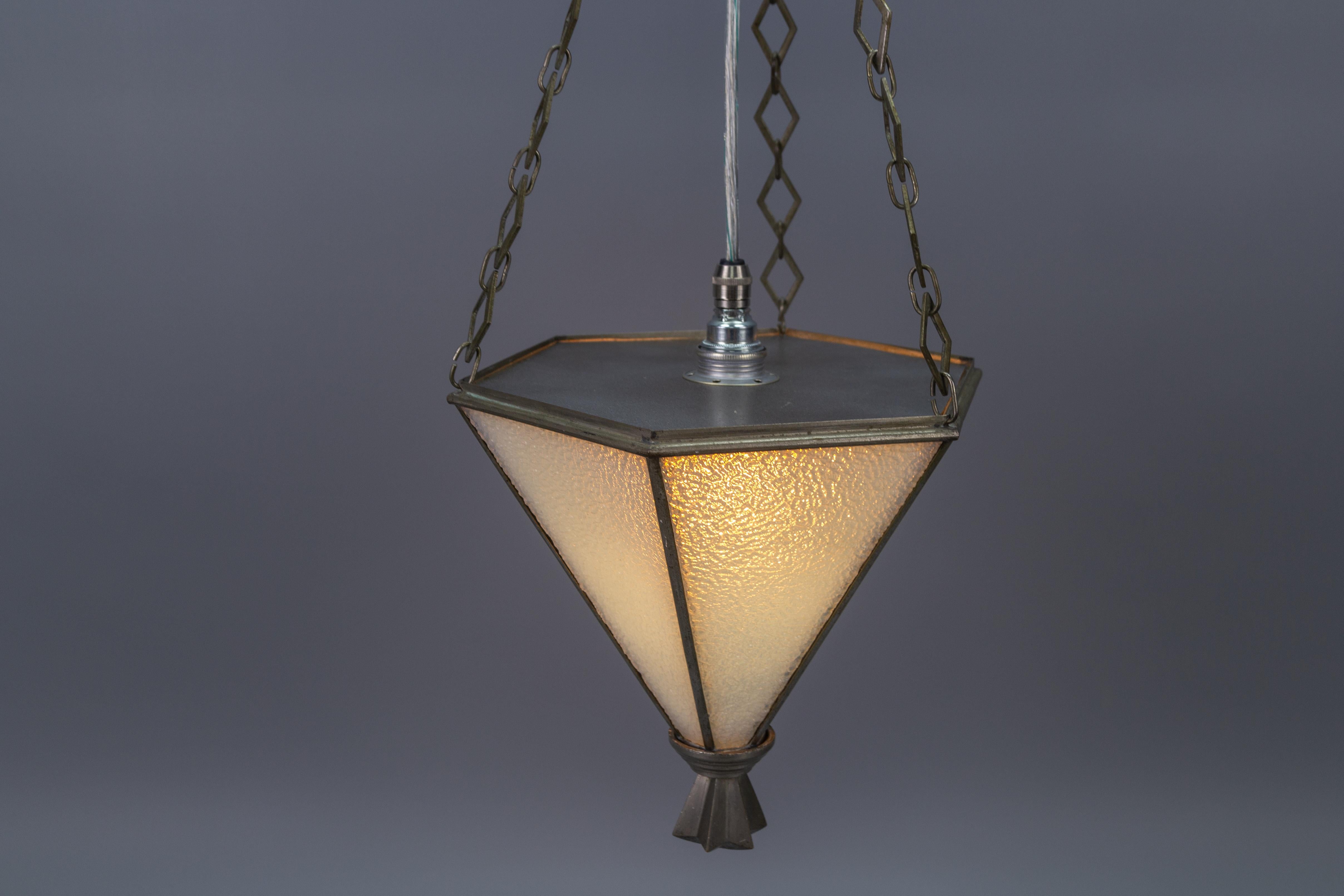 French Art Deco White Frosted Glass and Brass Pendant Light, 1930s 4
