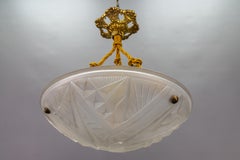 French Art Deco White Frosted Glass and Bronze Pendant Light by Noverdy, 1930s