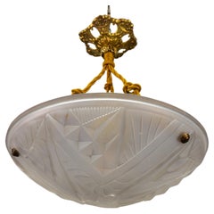 French Art Deco White Frosted Glass and Bronze Pendant Light by Noverdy, 1930s