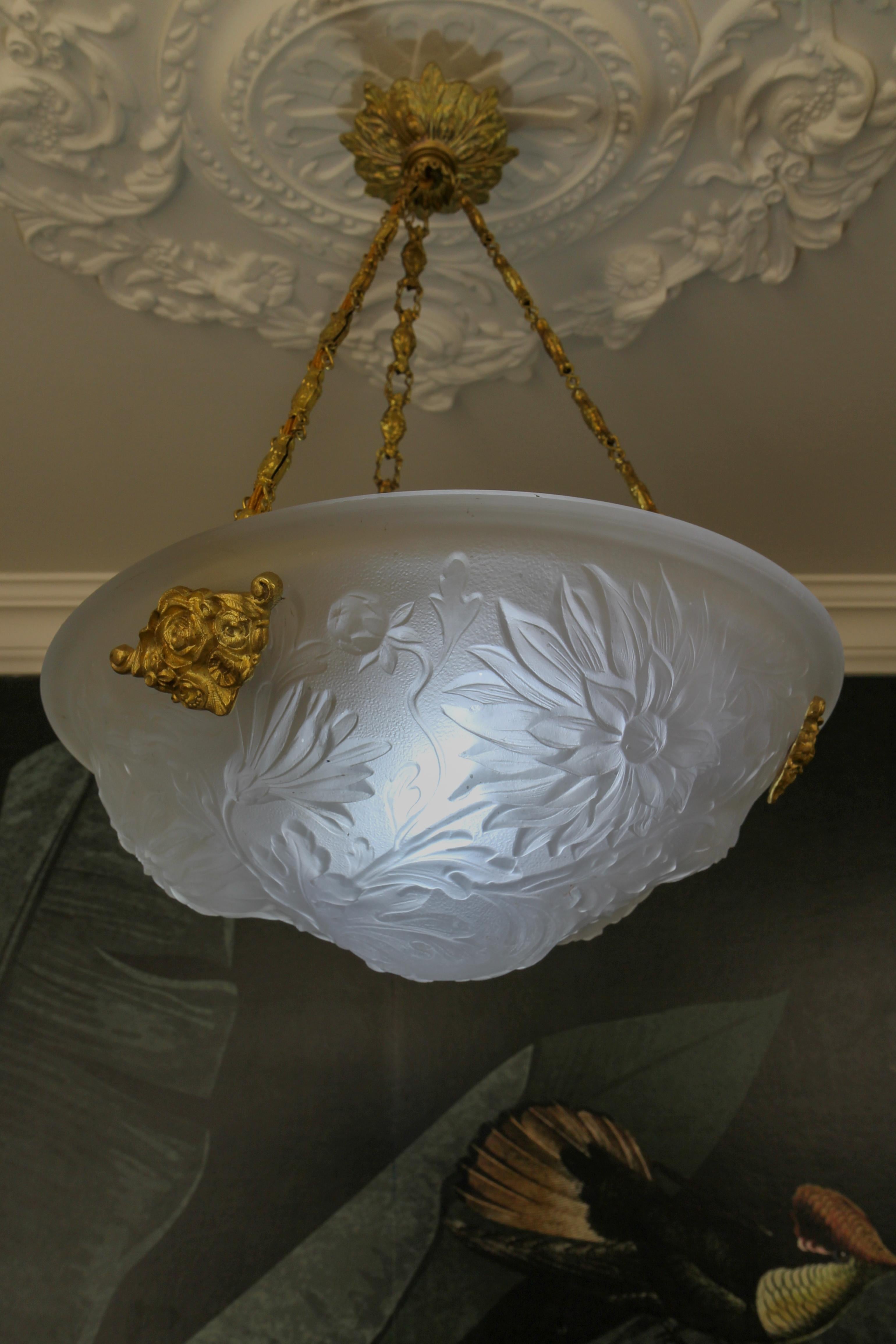 Brass French Art Deco White Frosted Glass and Bronze Pendant Light with Floral Motifs For Sale