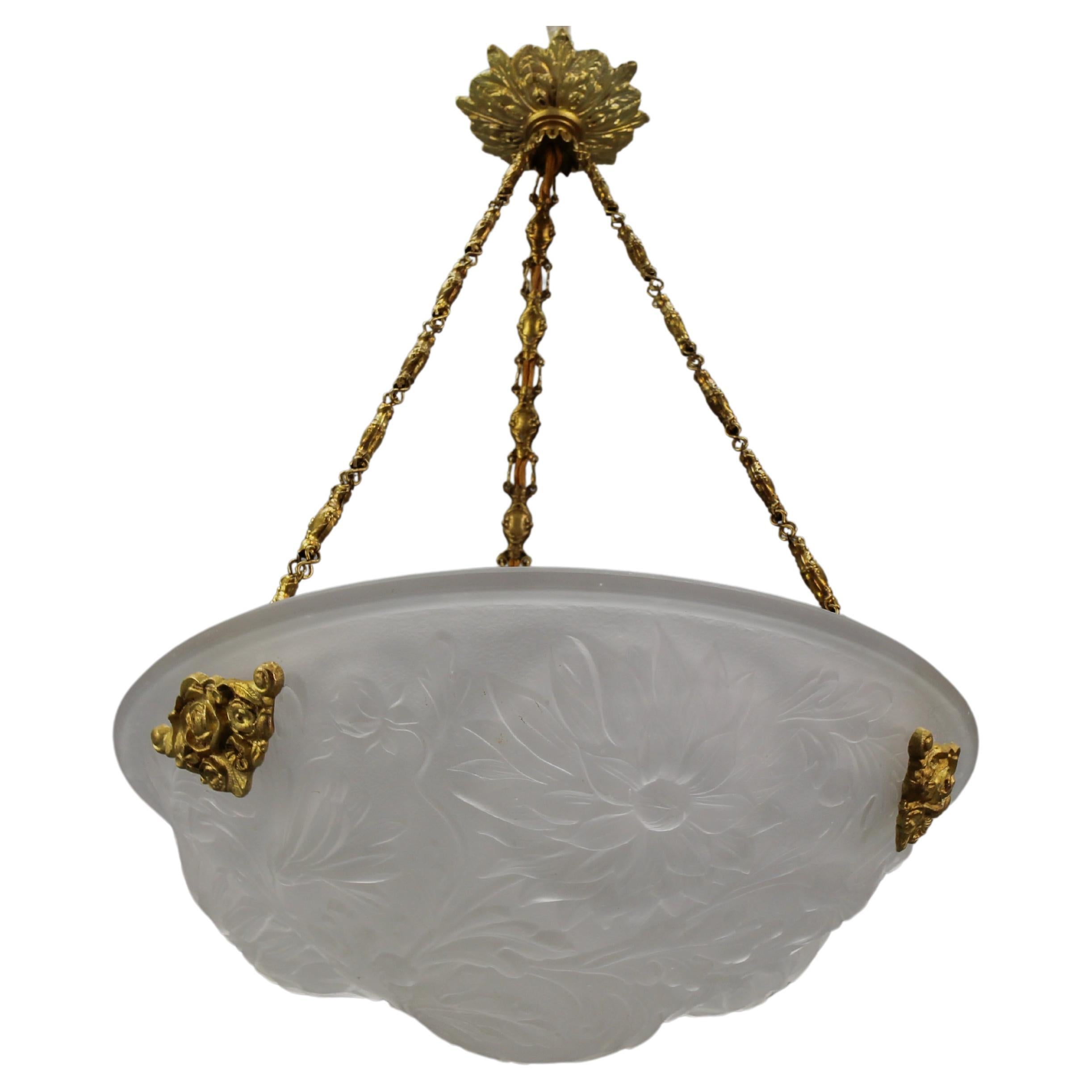 French Art Deco White Frosted Glass and Bronze Pendant Light with Floral Motifs