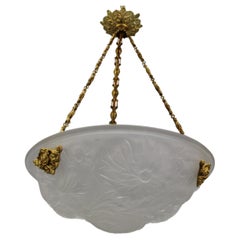 Used French Art Deco White Frosted Glass and Bronze Pendant Light with Floral Motifs