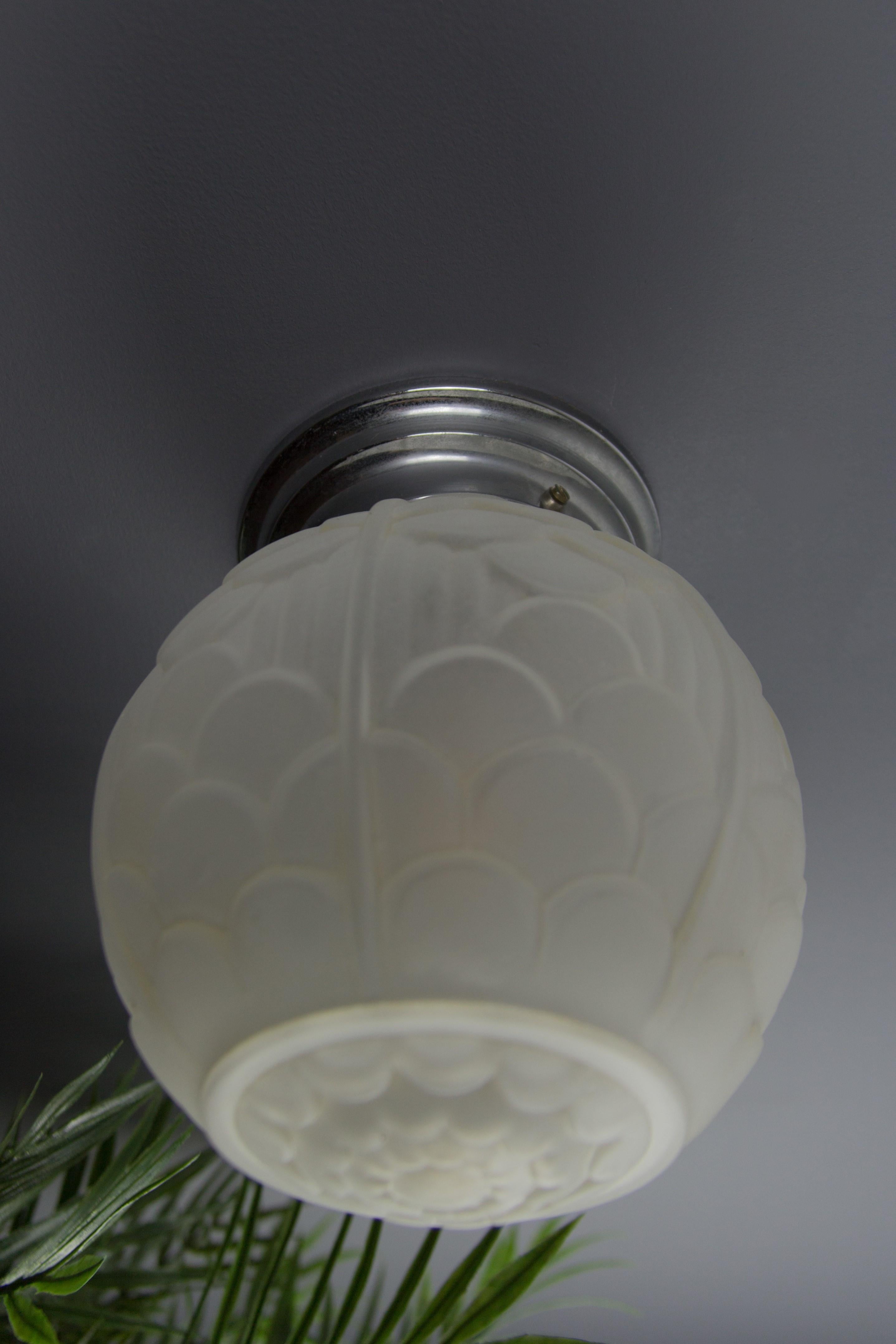 French Art Deco White Frosted Glass Globe Ceiling Light Fixture, 1930s 9