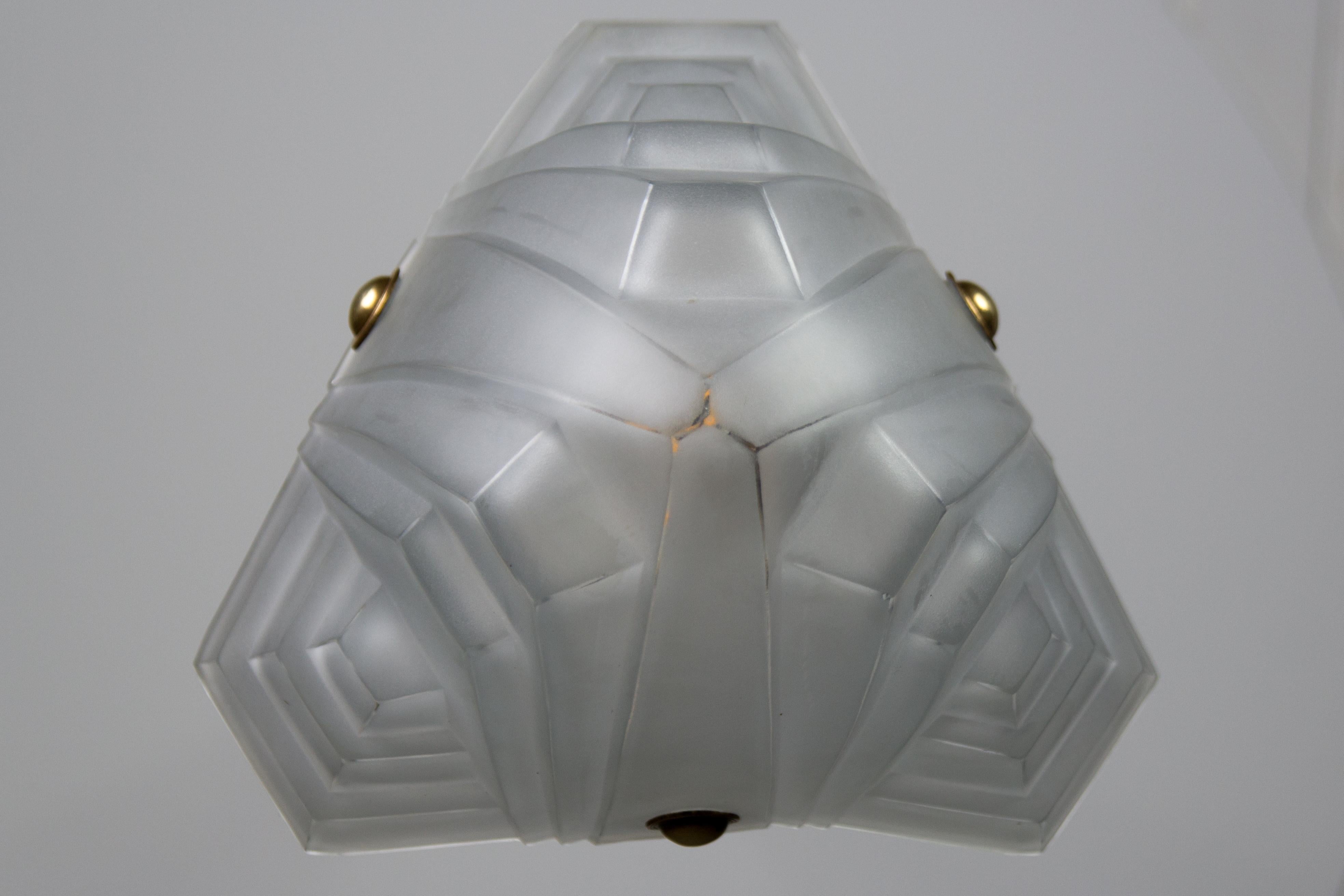 French Art Deco White Frosted Glass Pendant Light by Degué, 1930s 5