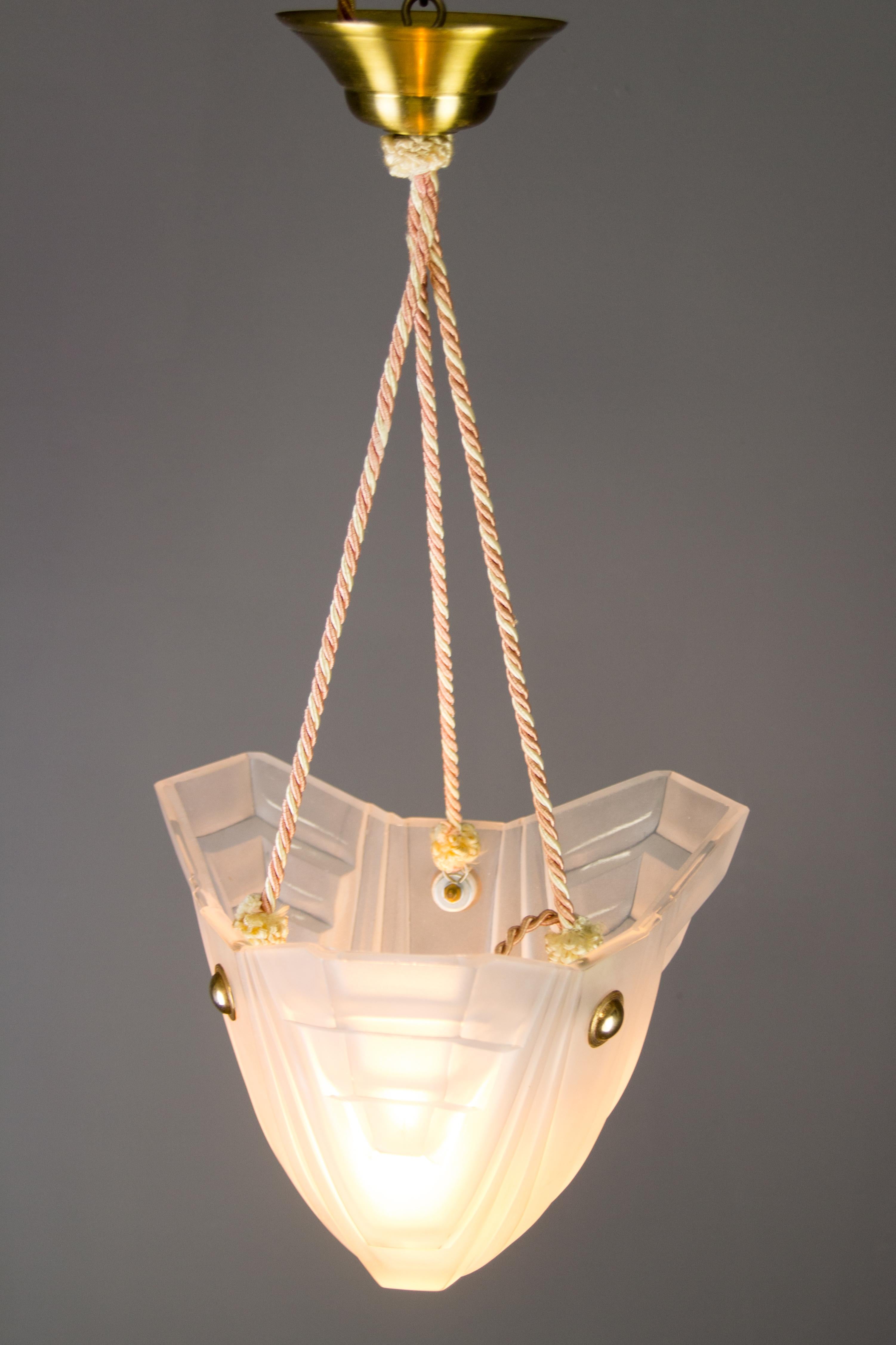 French Art Deco White Frosted Glass Pendant Light by Degué, 1930s 7