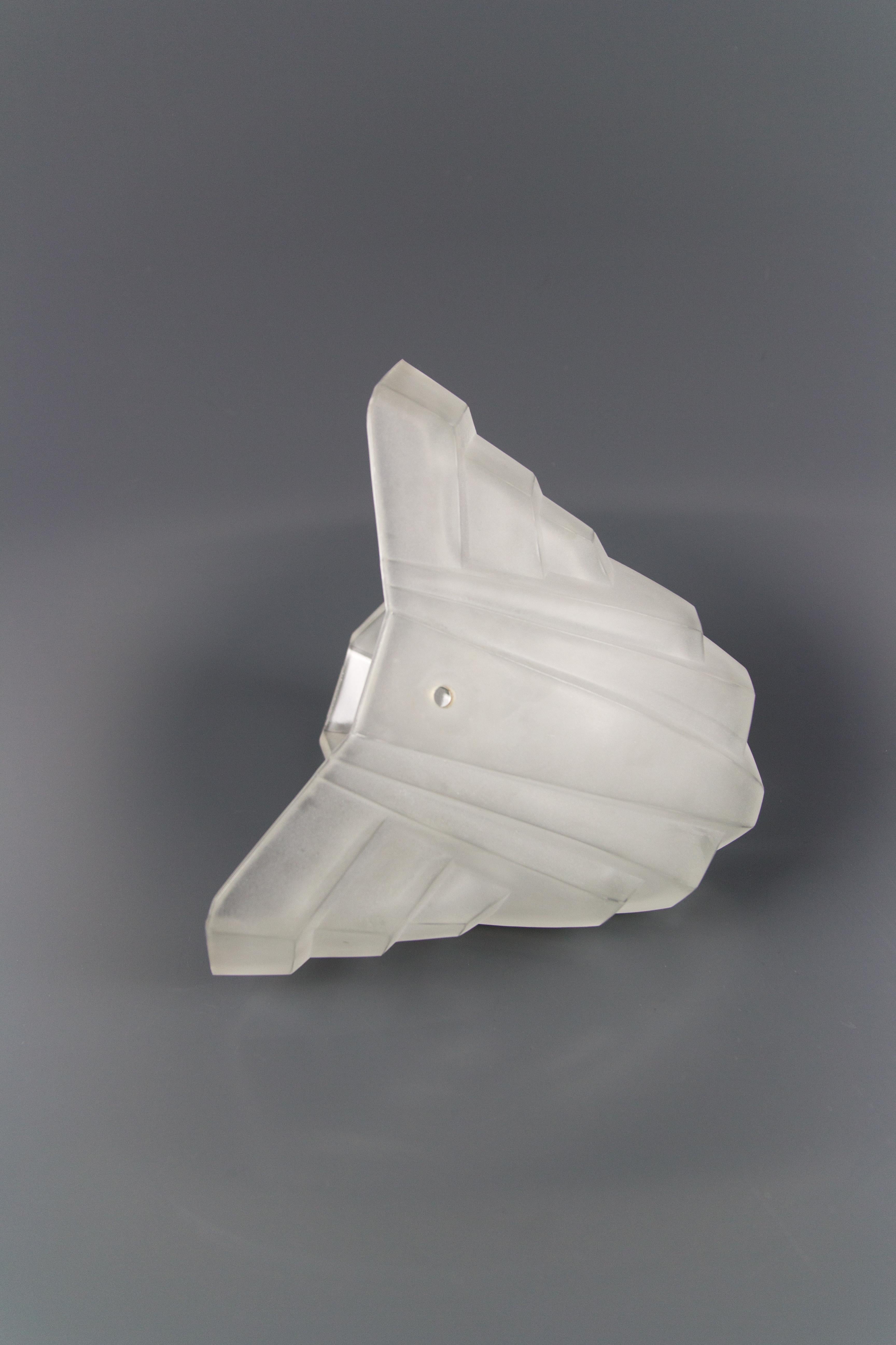 French Art Deco White Frosted Glass Pendant Light by Degué, 1930s 11