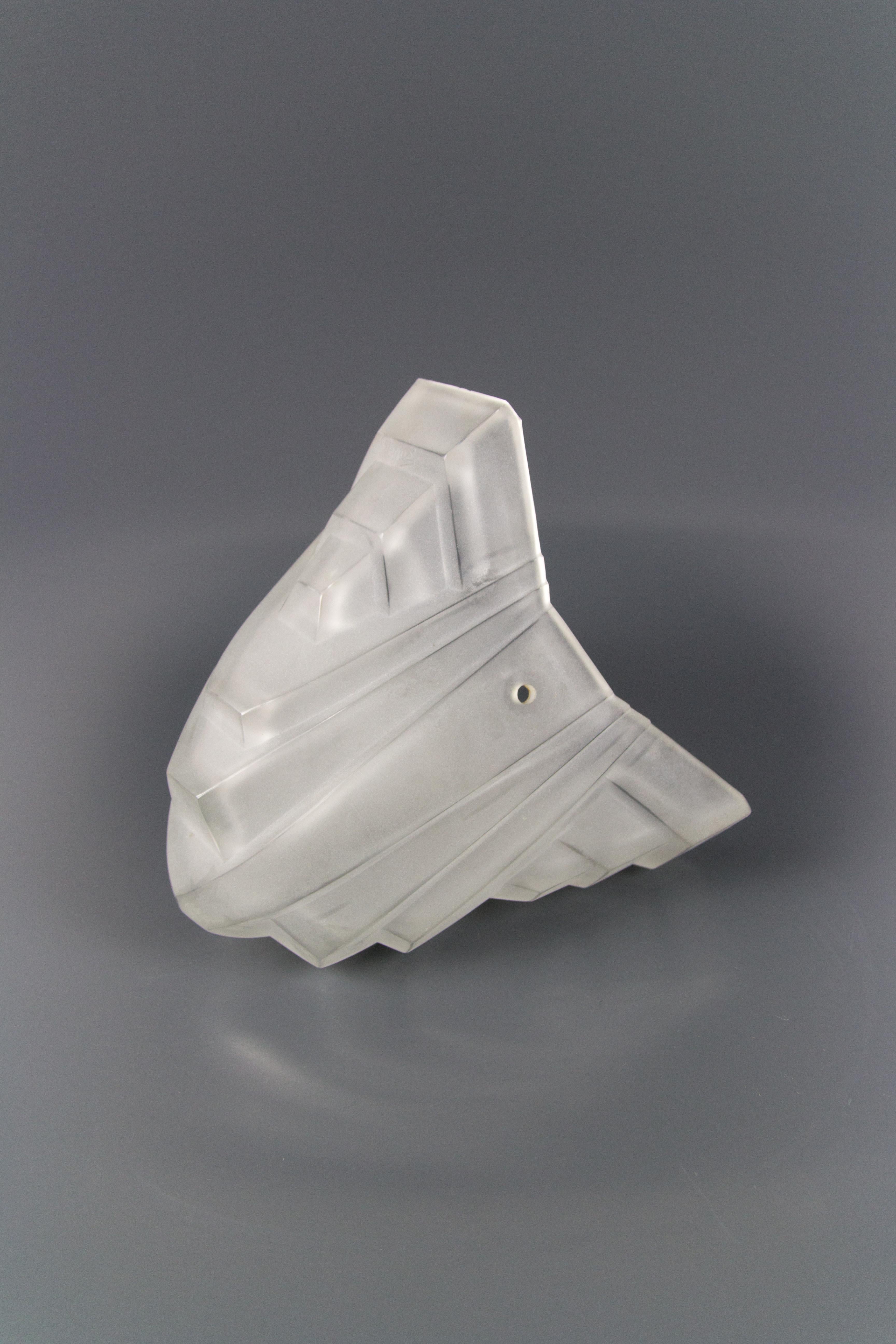 French Art Deco White Frosted Glass Pendant Light by Degué, 1930s 12