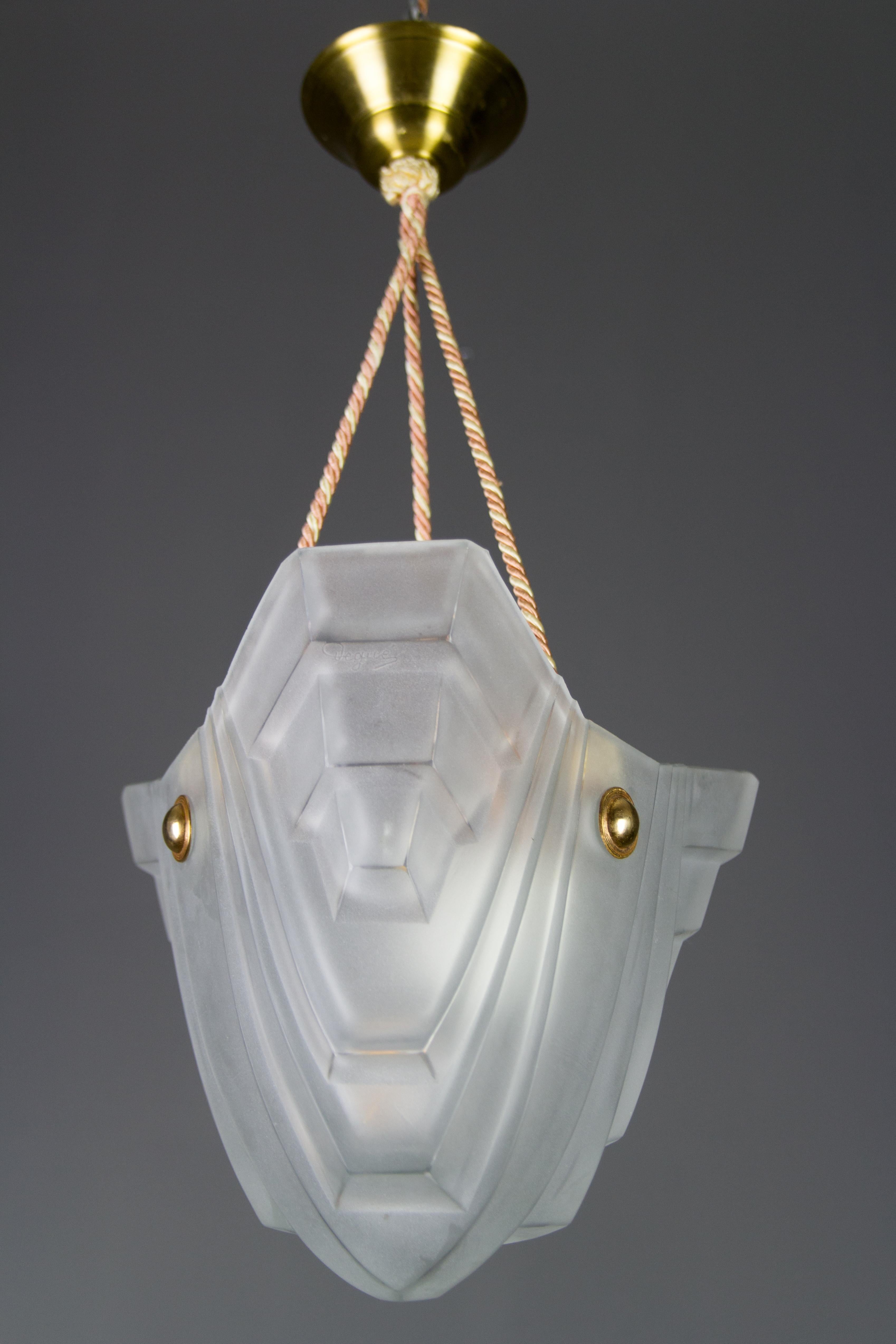French Art Deco White Frosted Glass Pendant Light by Degué, 1930s 15
