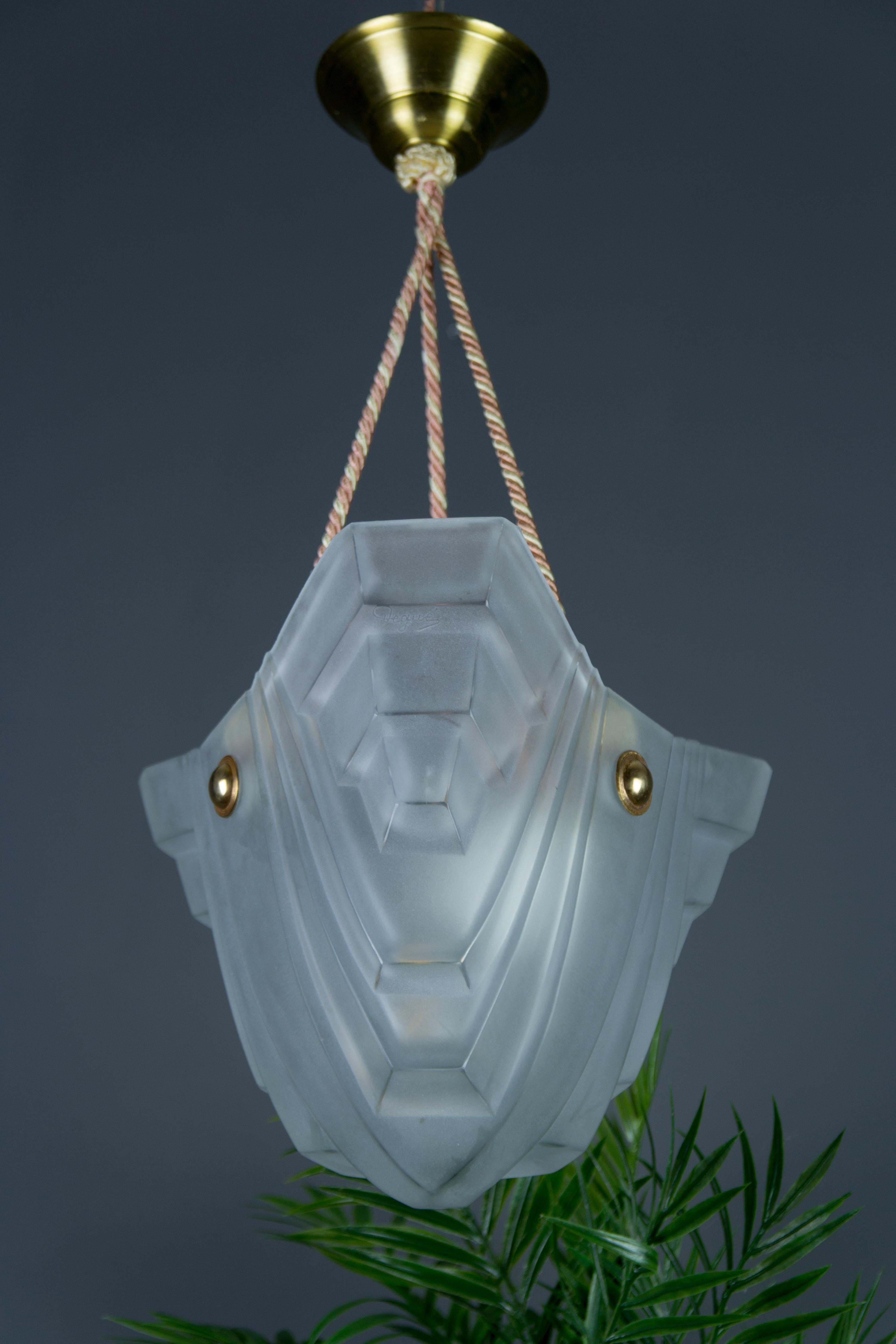 Brass French Art Deco White Frosted Glass Pendant Light by Degué, 1930s