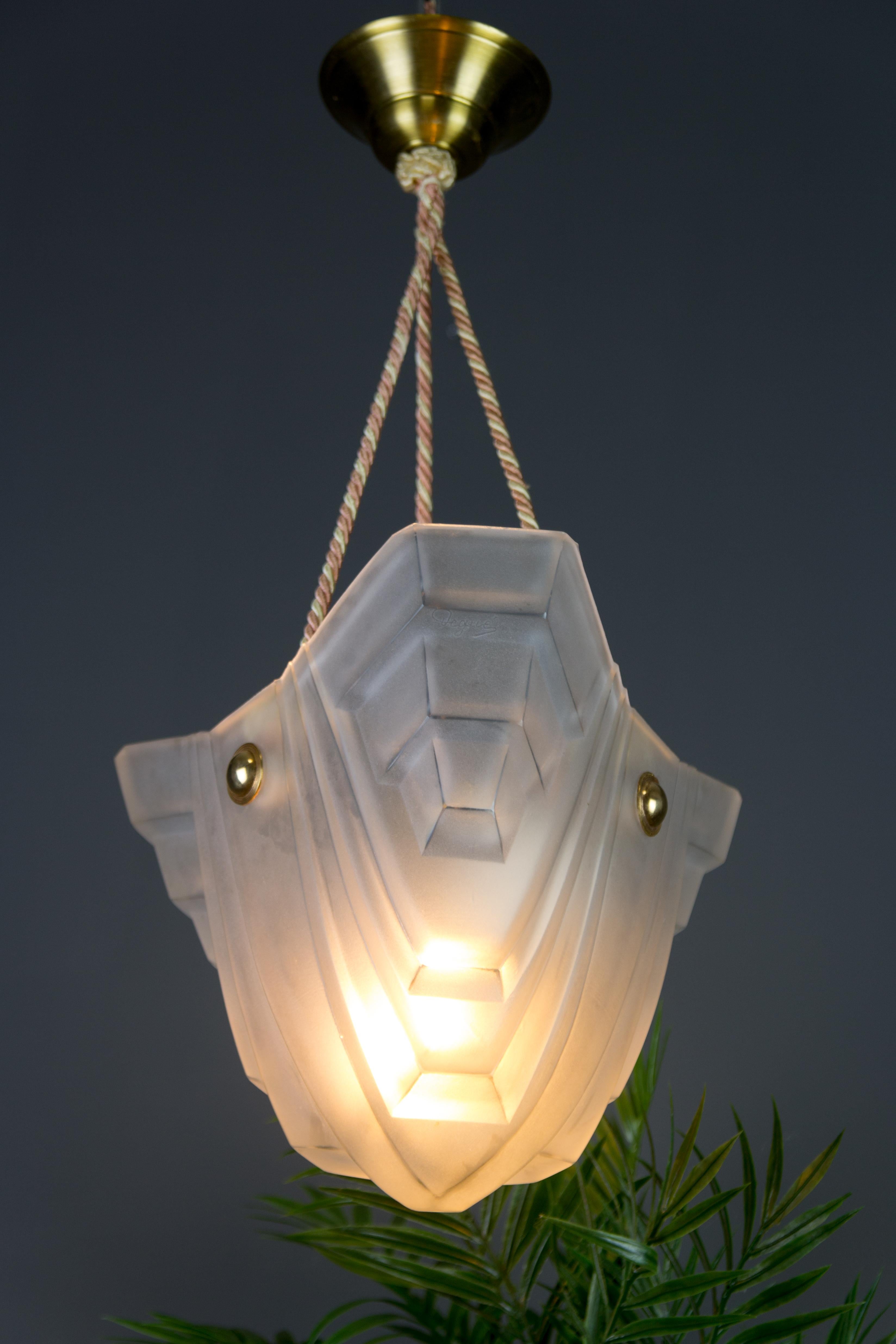 French Art Deco White Frosted Glass Pendant Light by Degué, 1930s 2