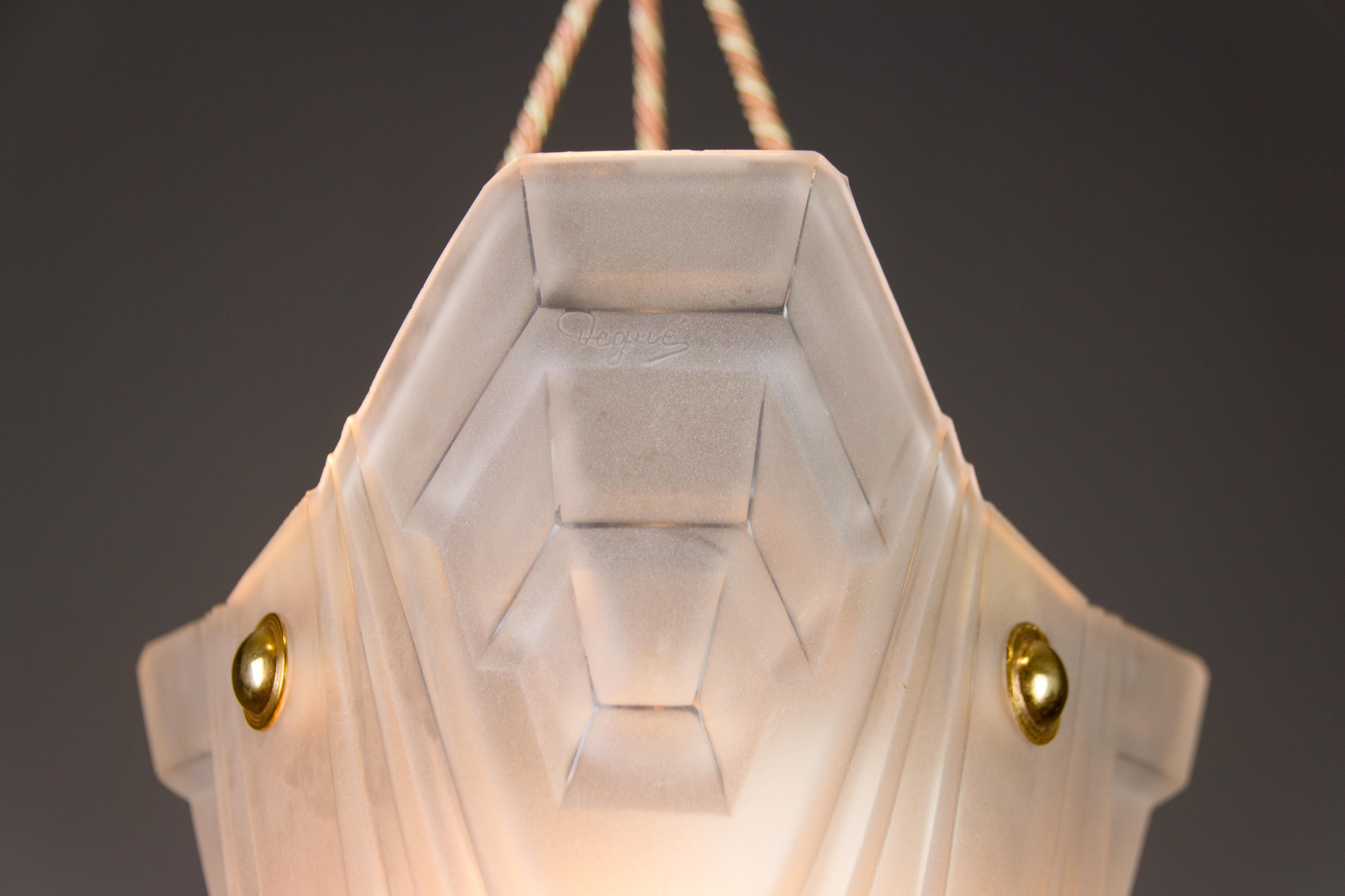 French Art Deco White Frosted Glass Pendant Light by Degué, 1930s 3