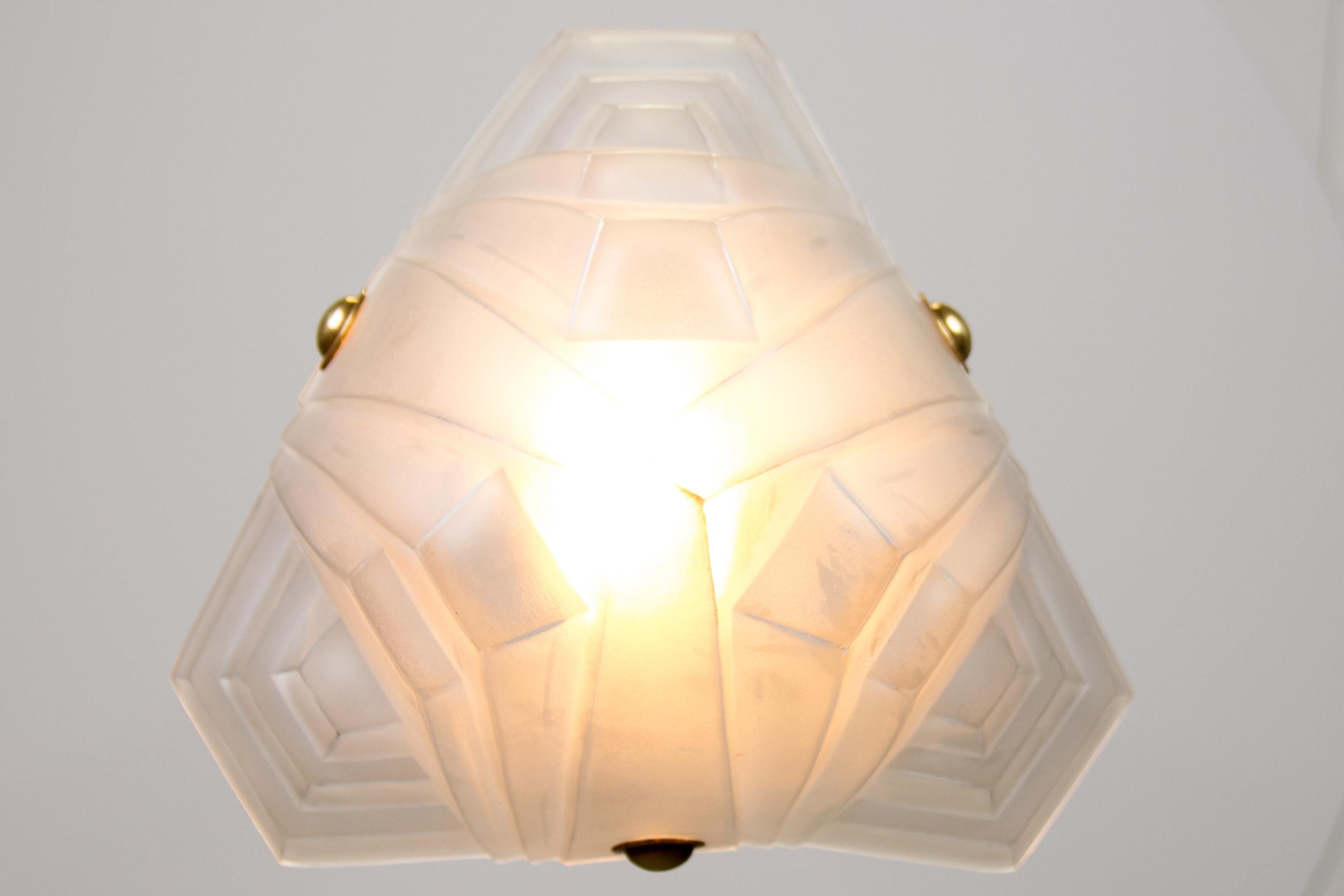 French Art Deco White Frosted Glass Pendant Light by Degué, 1930s 4