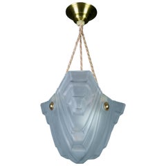 French Art Deco White Frosted Glass Pendant Light by Degué, 1930s